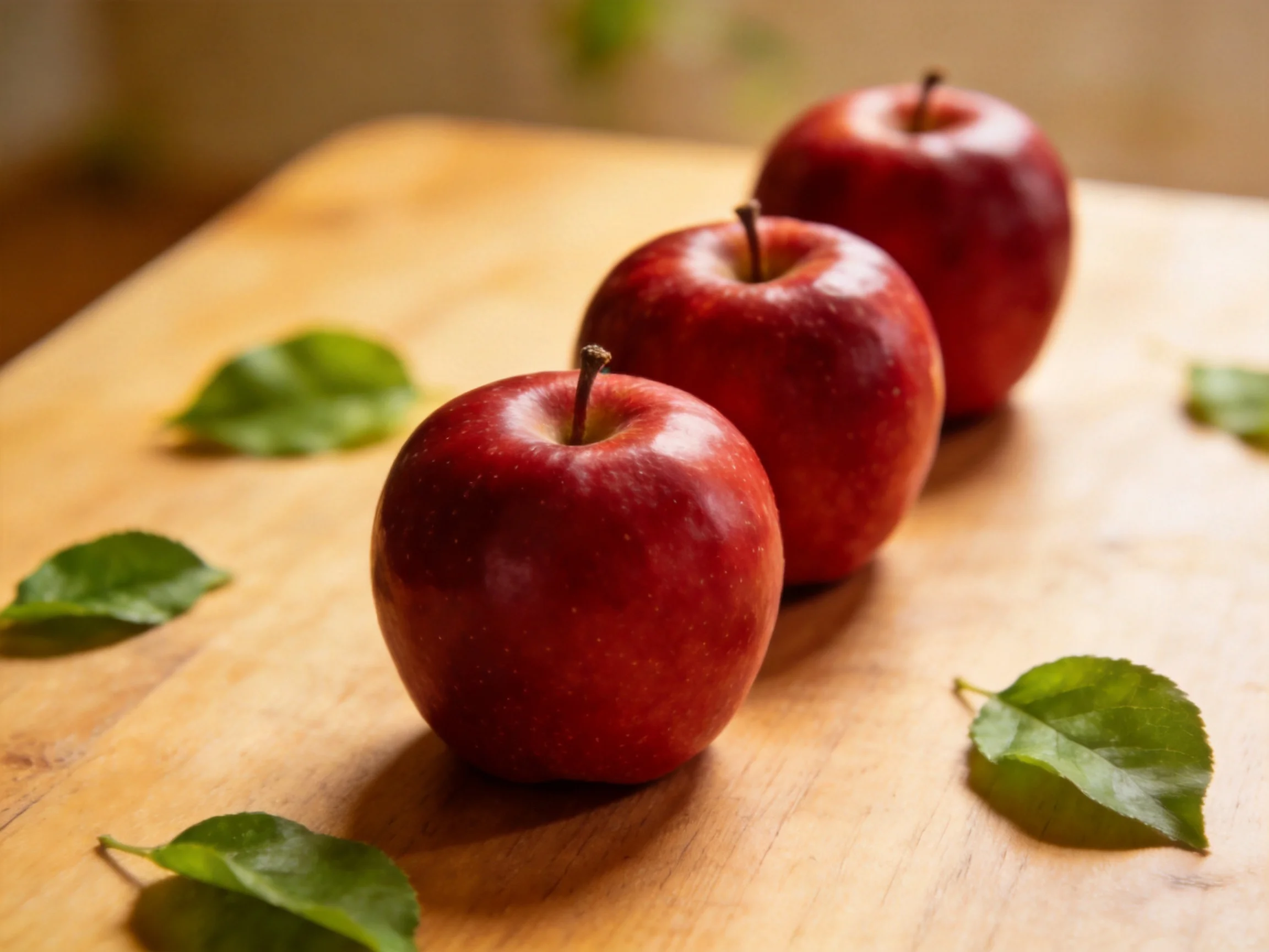 Three glossy red apples arranged on a wooden surface with scattered green leaves