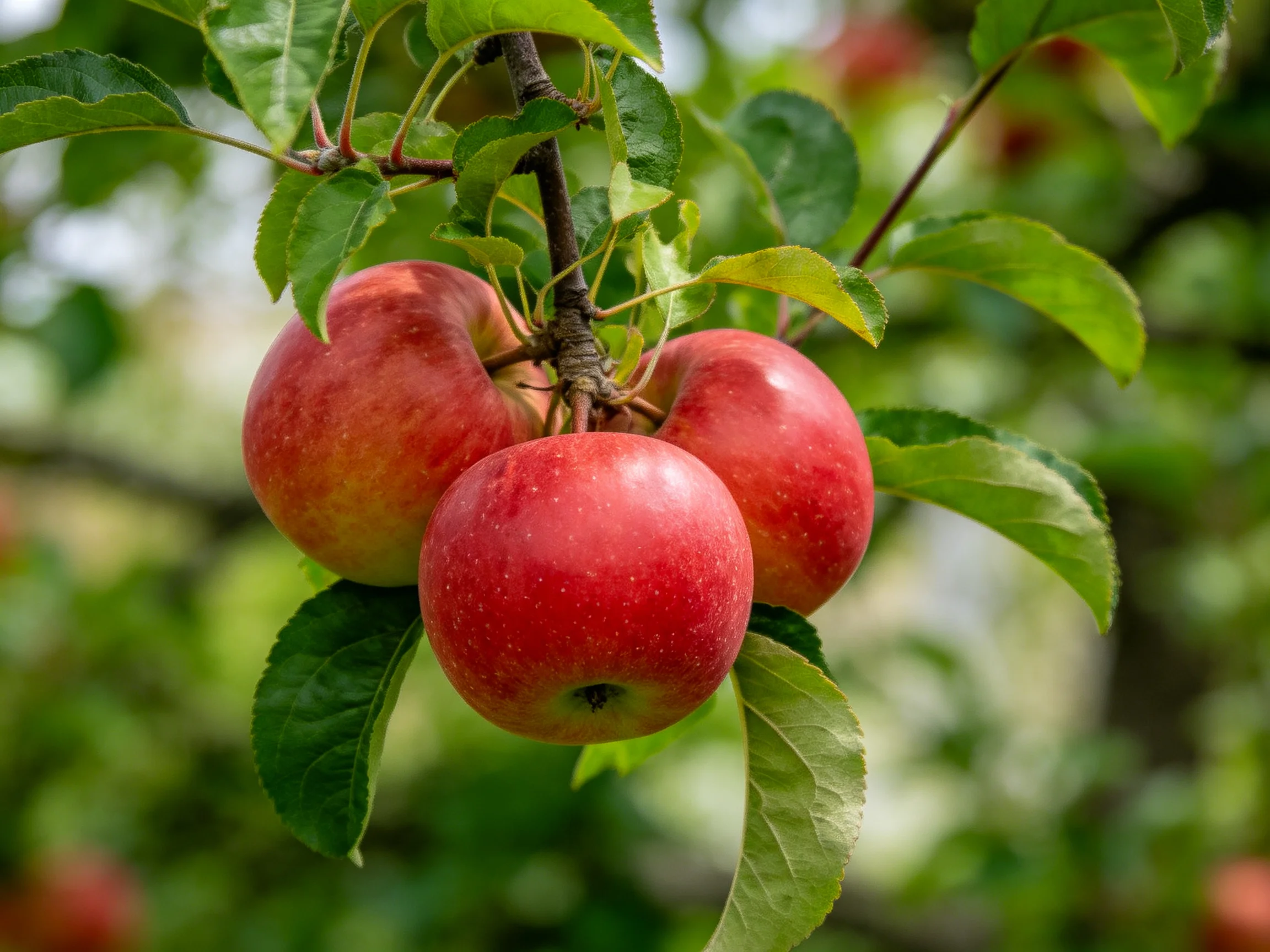Three glossy red apples cluster on a tree branch amid green leaves.