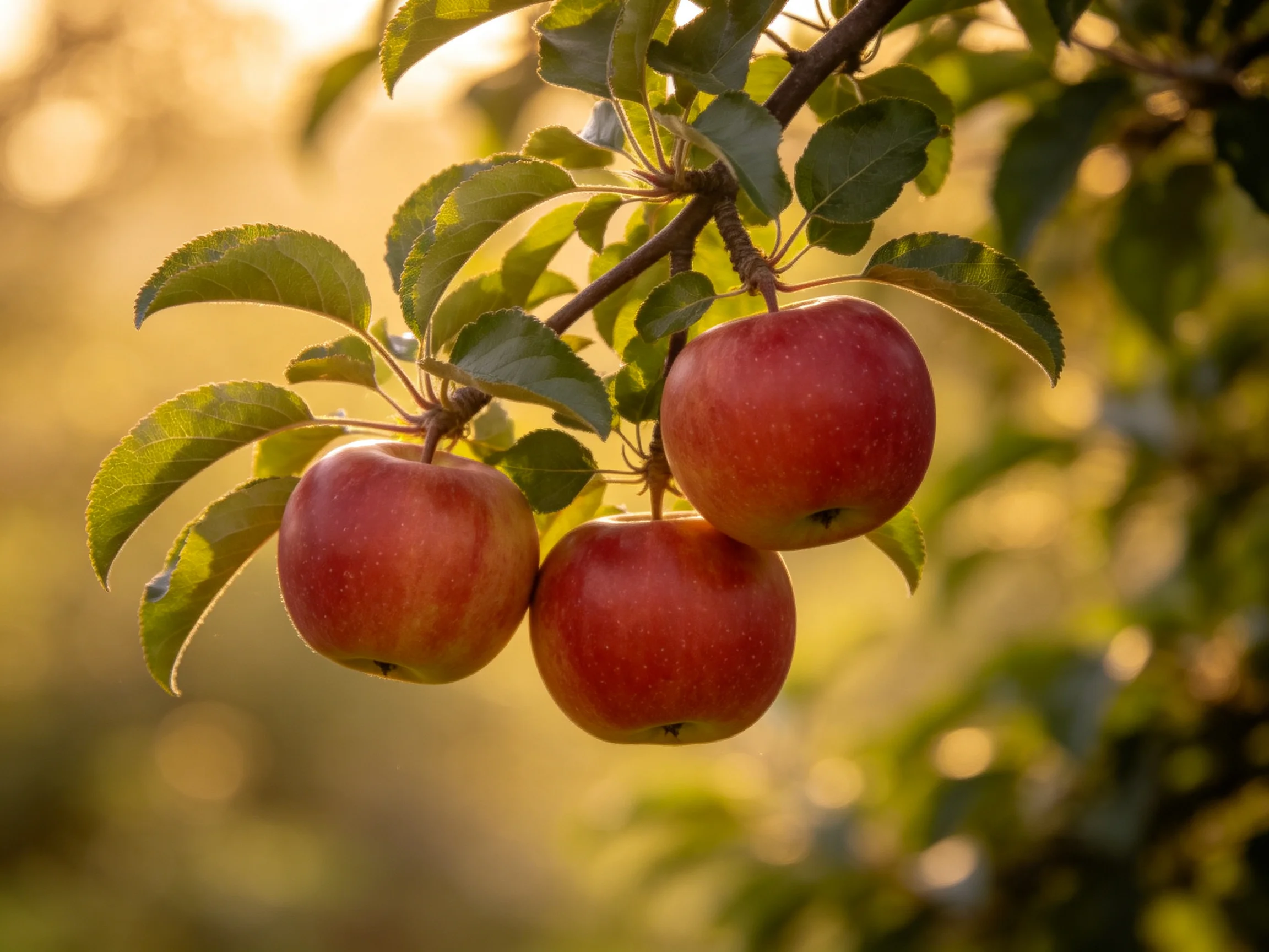 Three glossy red apples hang from a tree branch amid green foliage