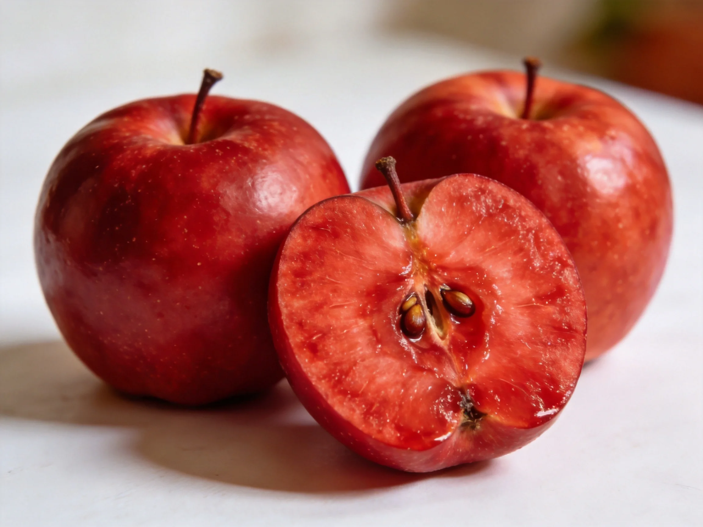 Three glossy red apples, one sliced to display seeds