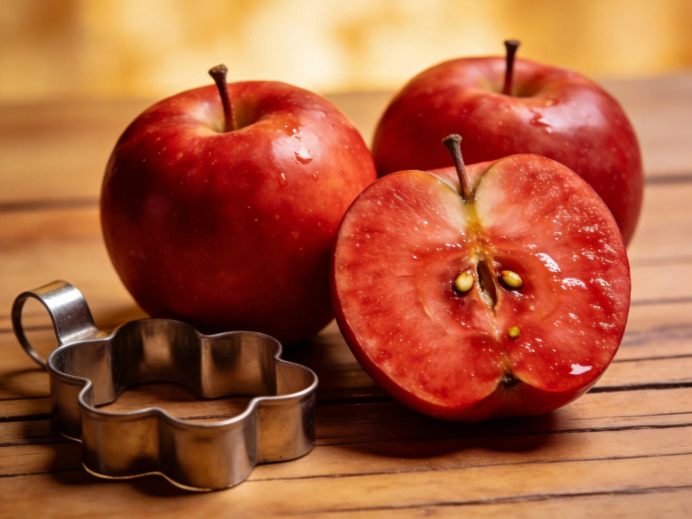 Three glossy red apples, one sliced, with a flower - shaped metal cutter