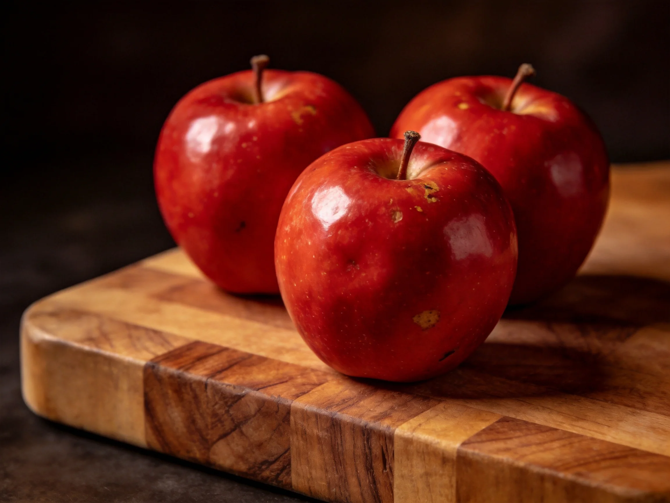 Three glossy red apples rest on a polished wooden cutting board