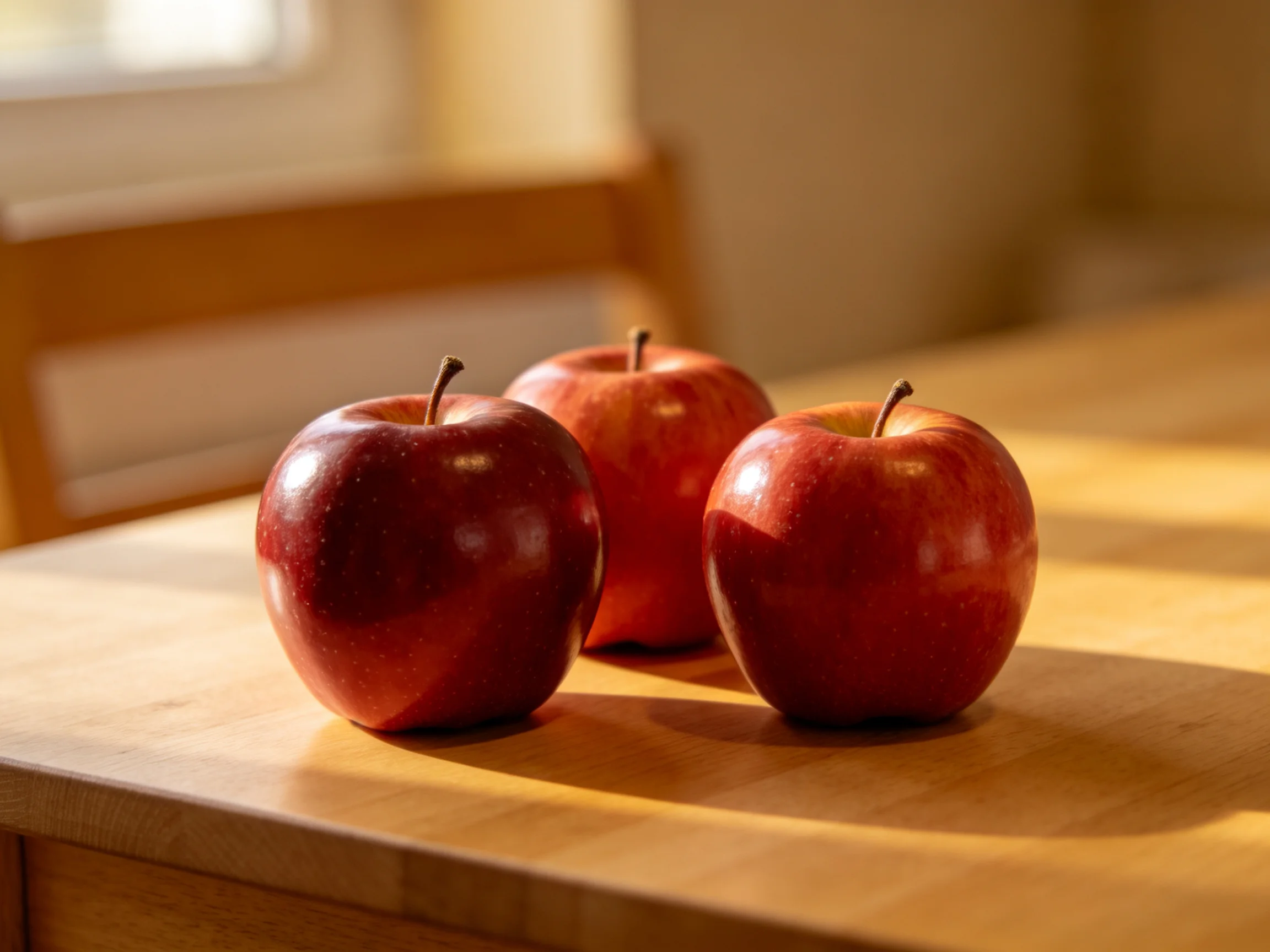 Three glossy red apples sit on a polished wooden table