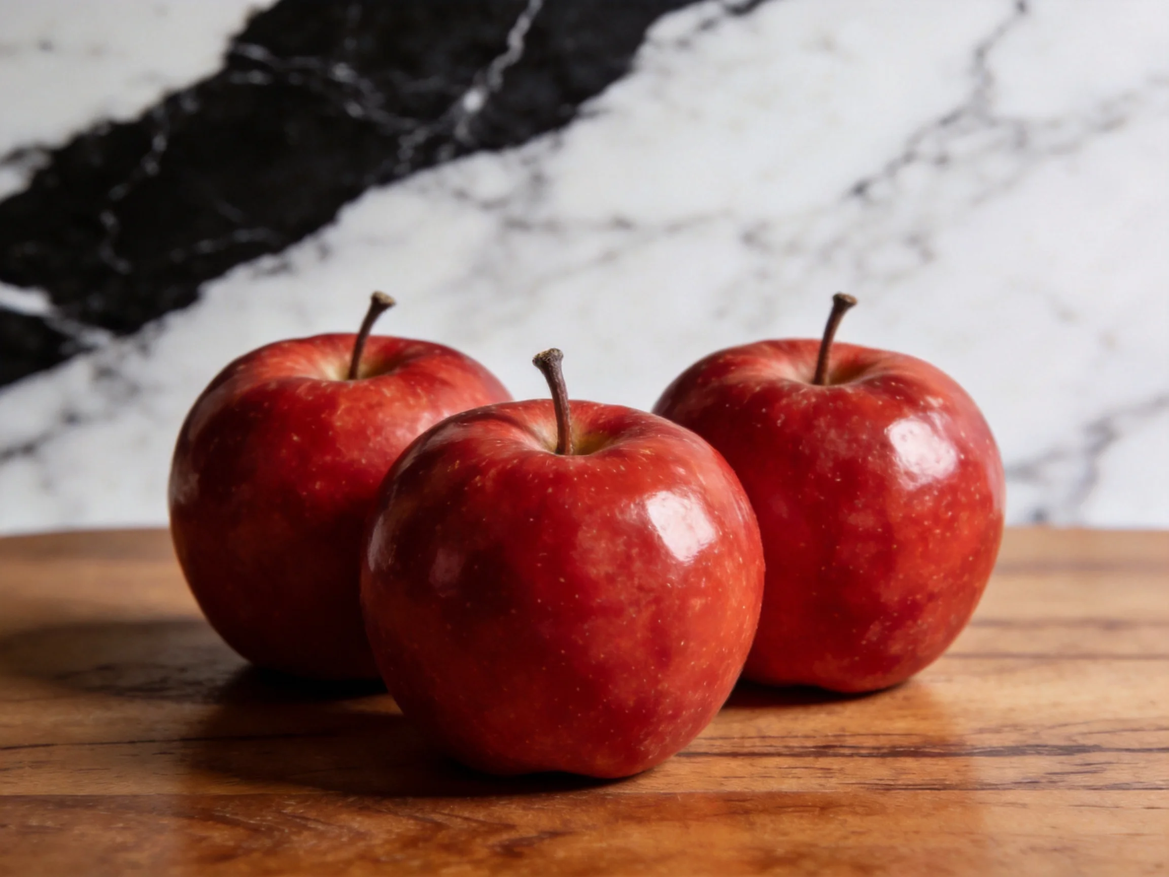 Three glossy red apples sit on a wooden board near a marble wall