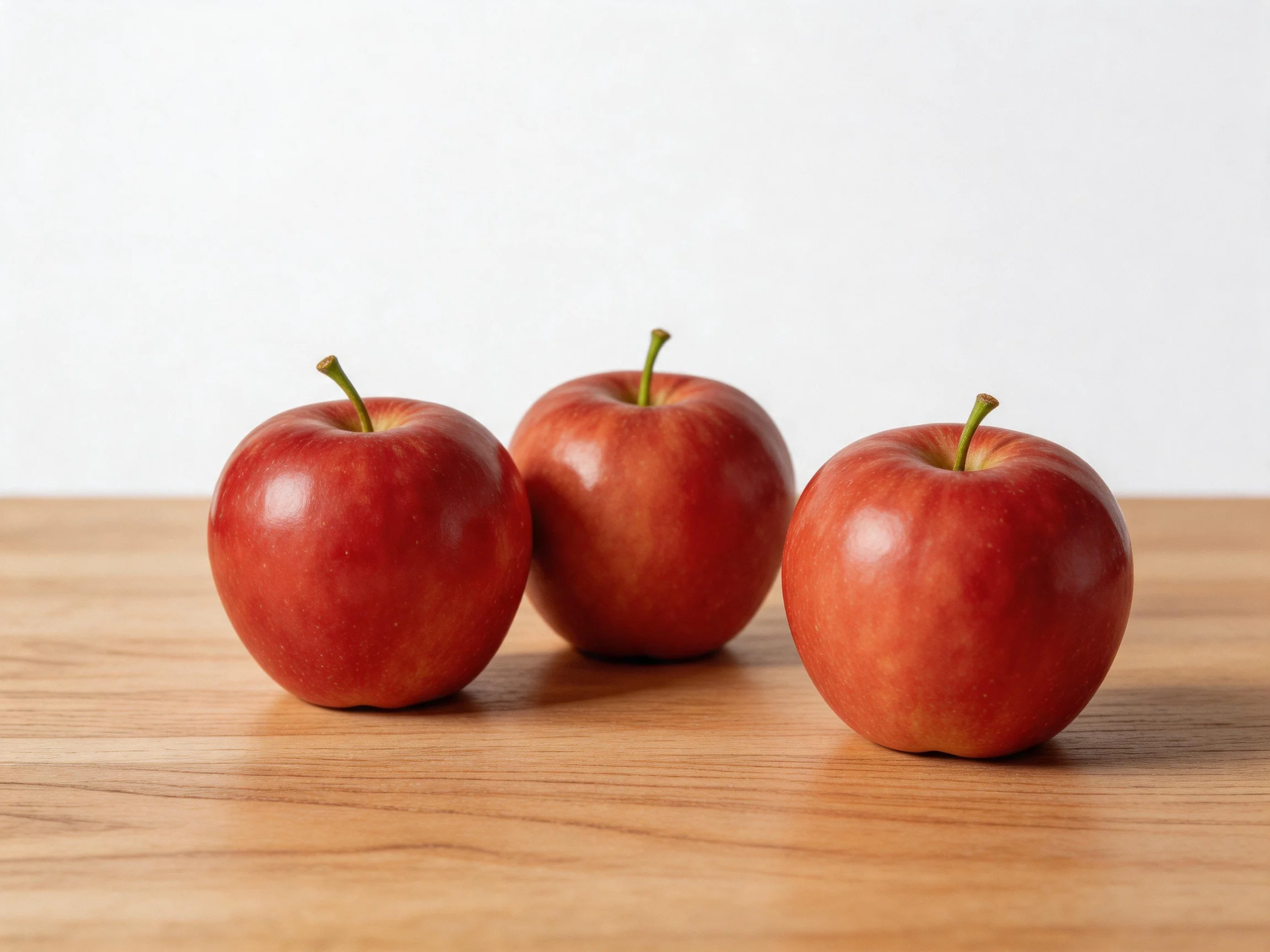 Three glossy red apples with smooth skins arranged on a wooden surface