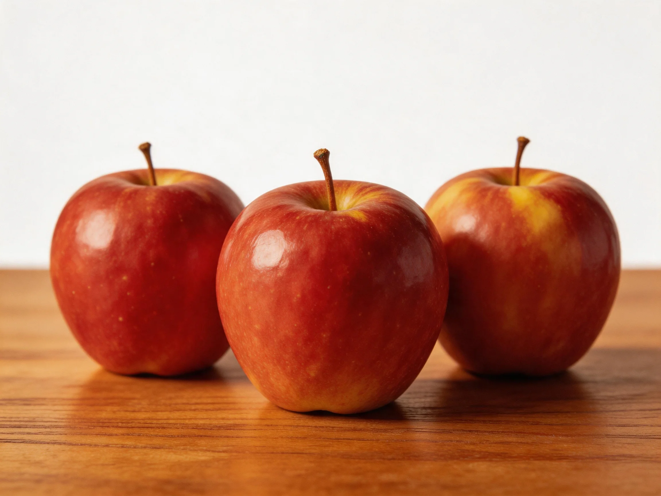 Three glossy red apples with subtle yellow patches rest on a polished wooden surface