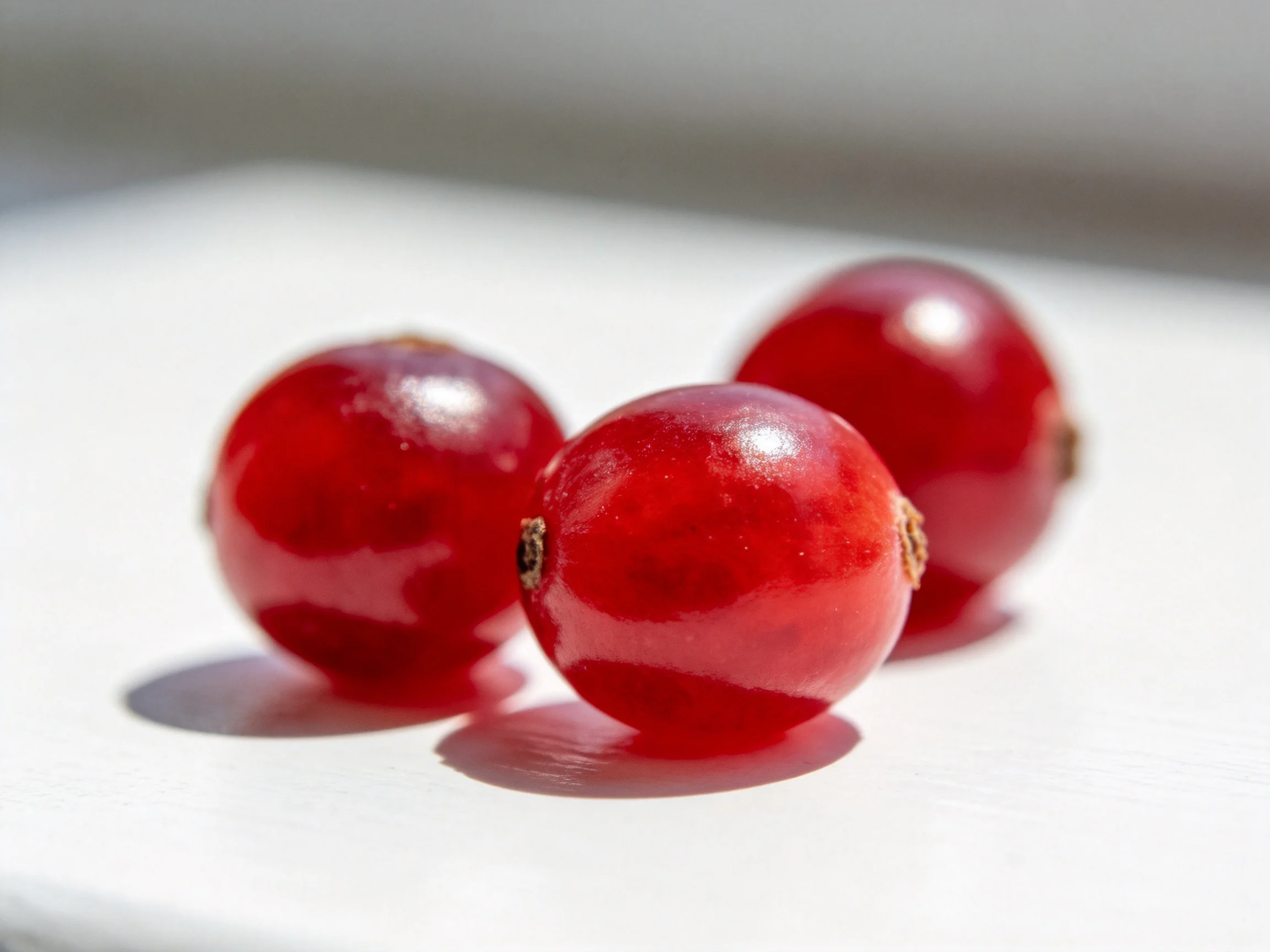 Three glossy red berries arranged on a bright white surface