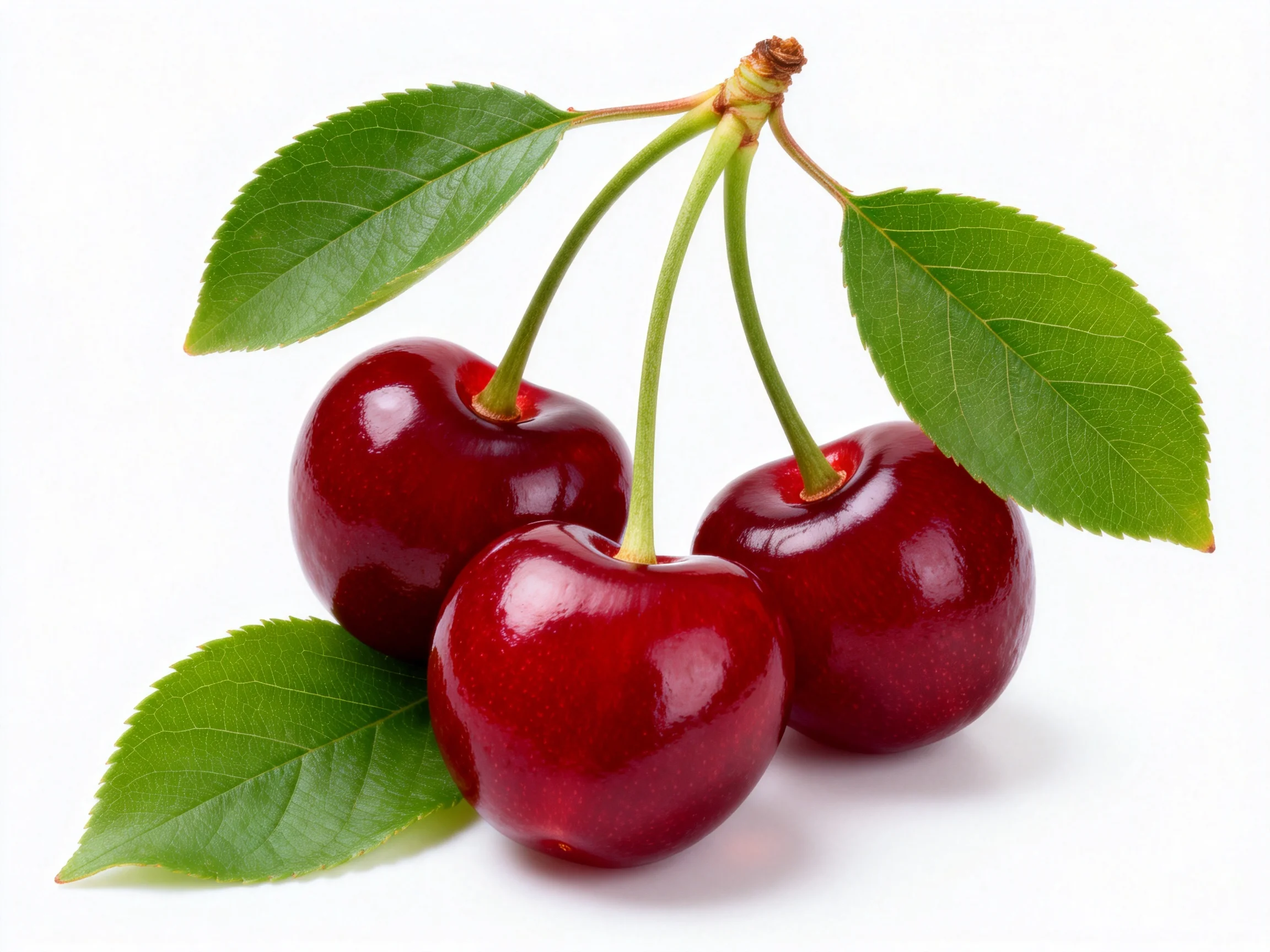 Three glossy red cherries attached to stems with vibrant green leaves