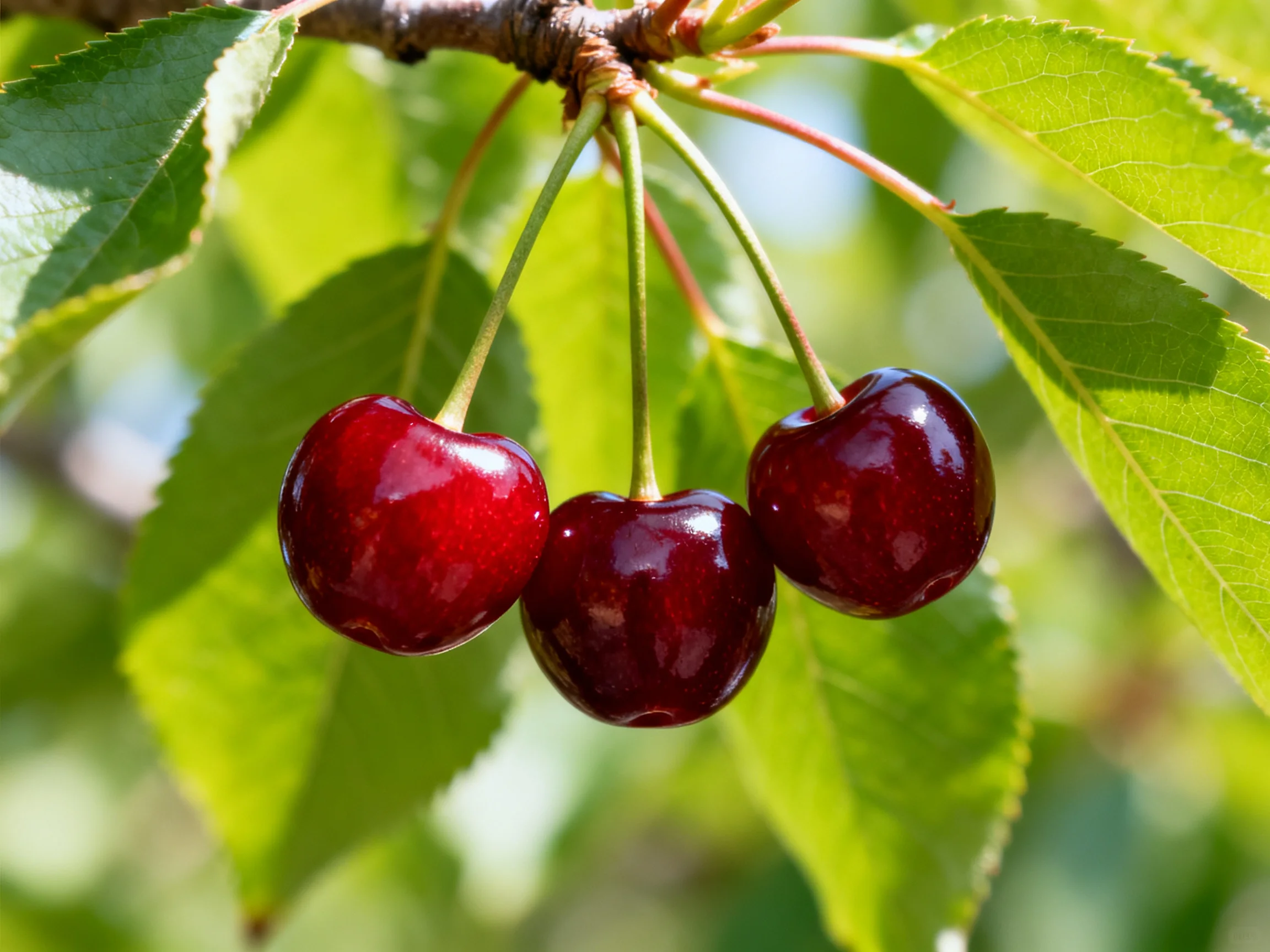 Three glossy red cherries hang from a branch amid vibrant green leaves