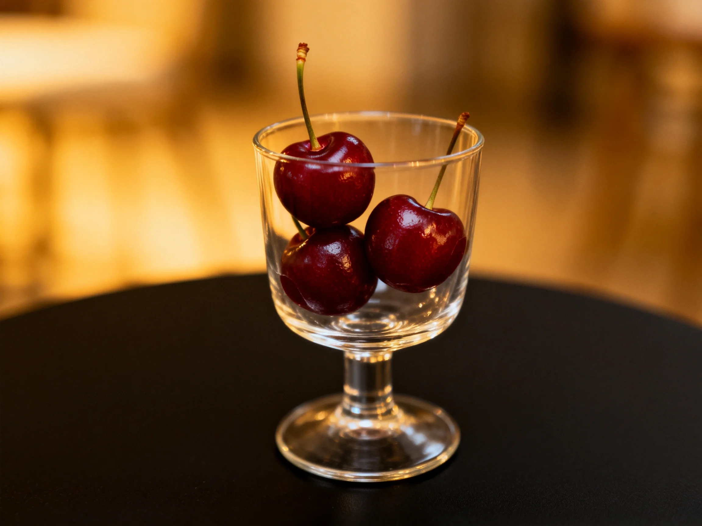 Three glossy red cherries in a clear stemmed glass on a black surface