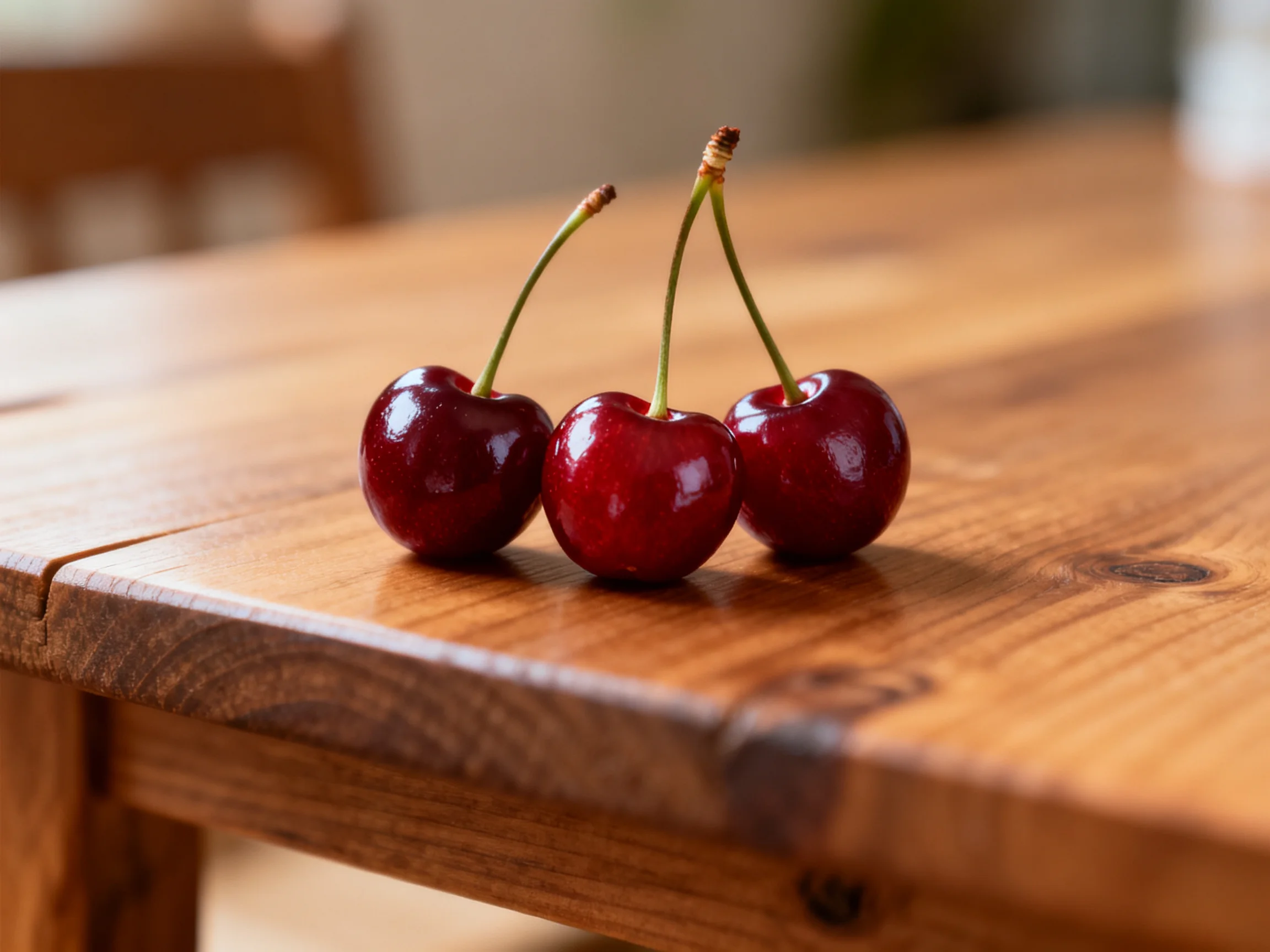 Three glossy red cherries rest on a polished wooden table