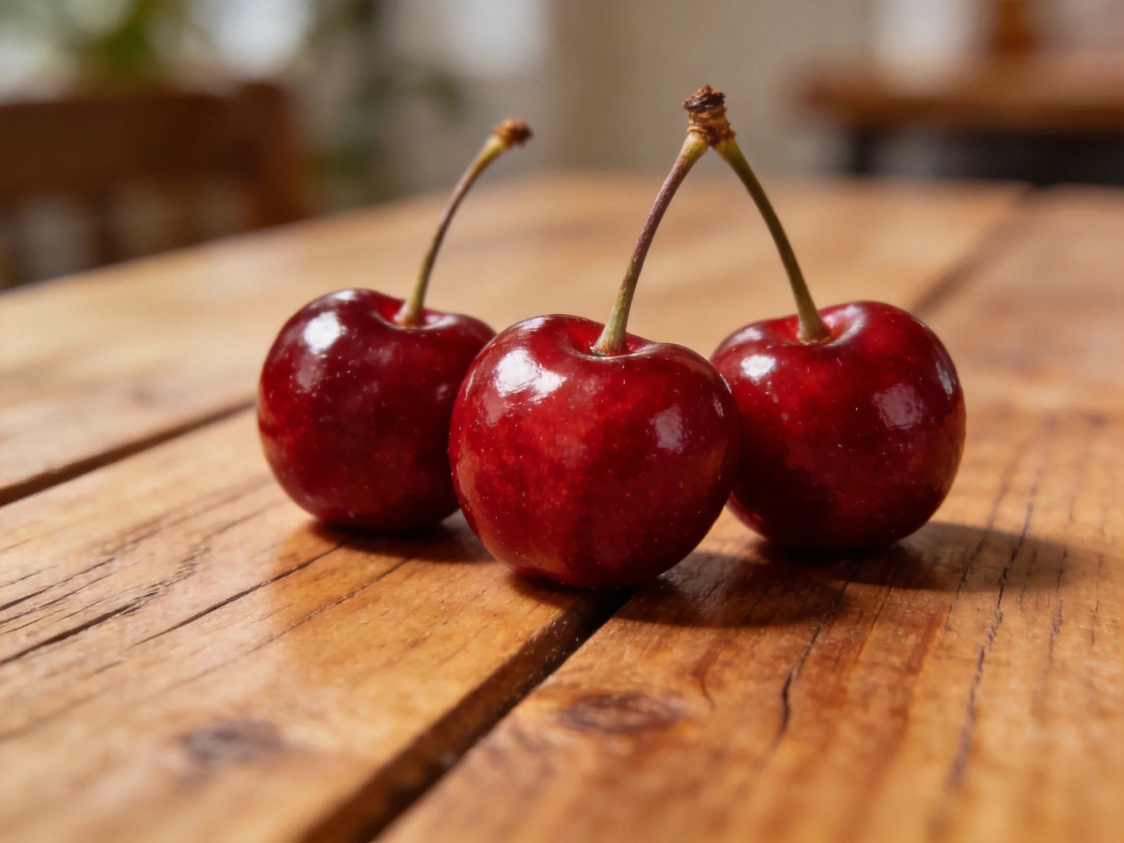 Three glossy red cherries rest on a rustic wooden table