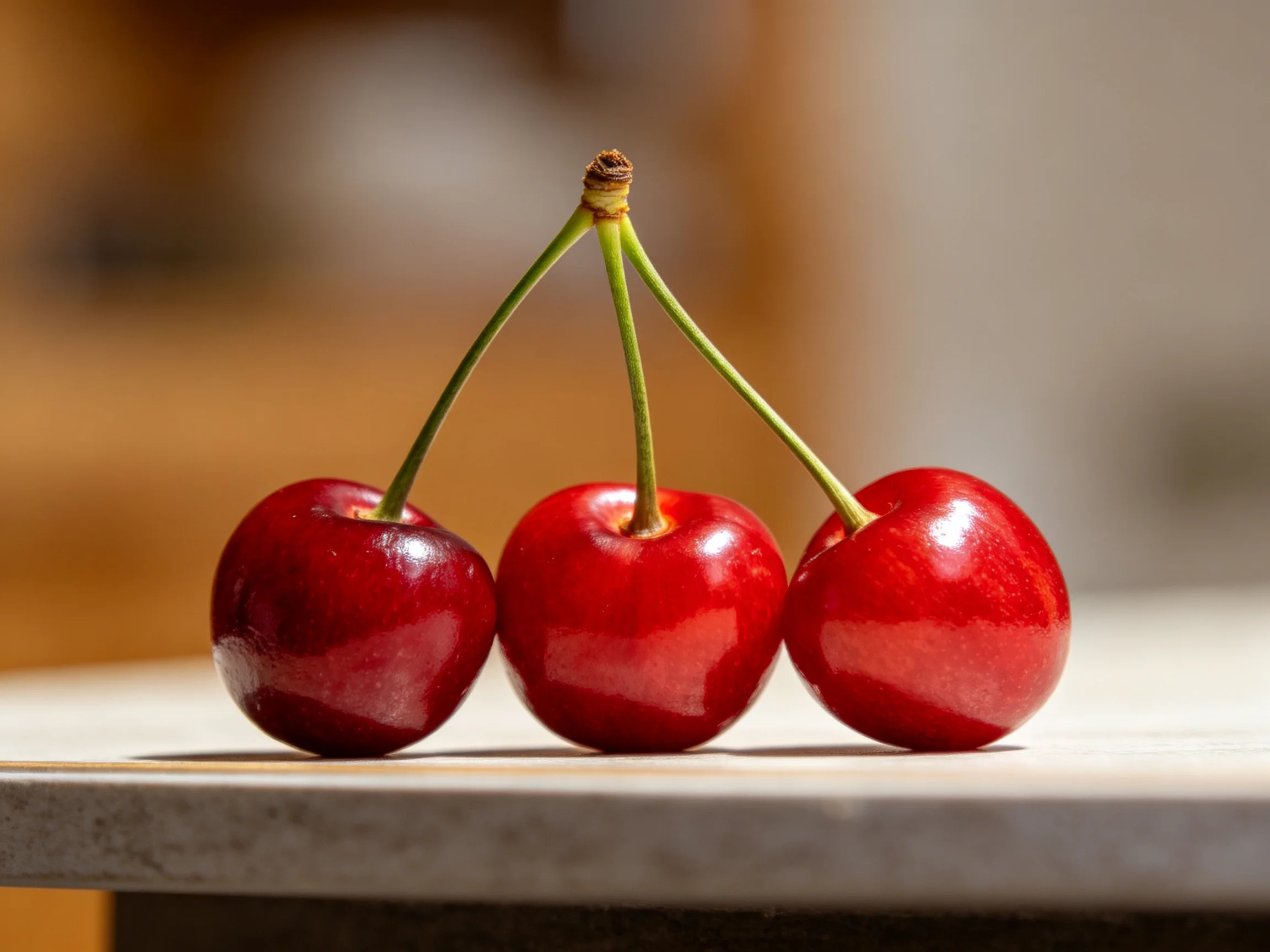 Three glossy red cherries with green stems clustered on a smooth surface