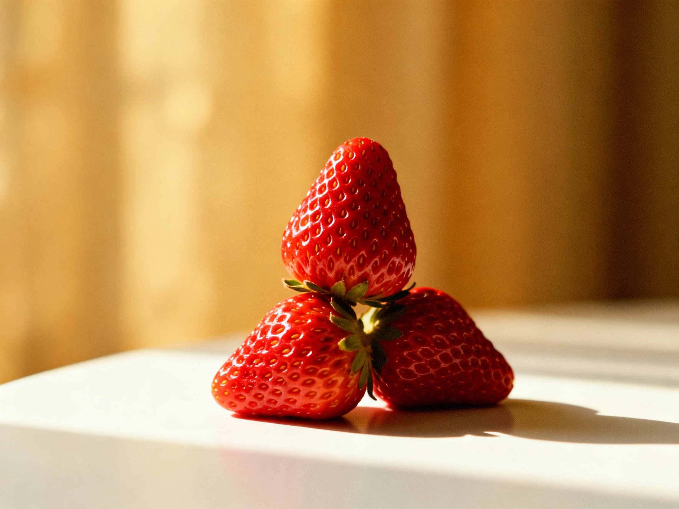 Three glossy red strawberries arranged in a small pyramid