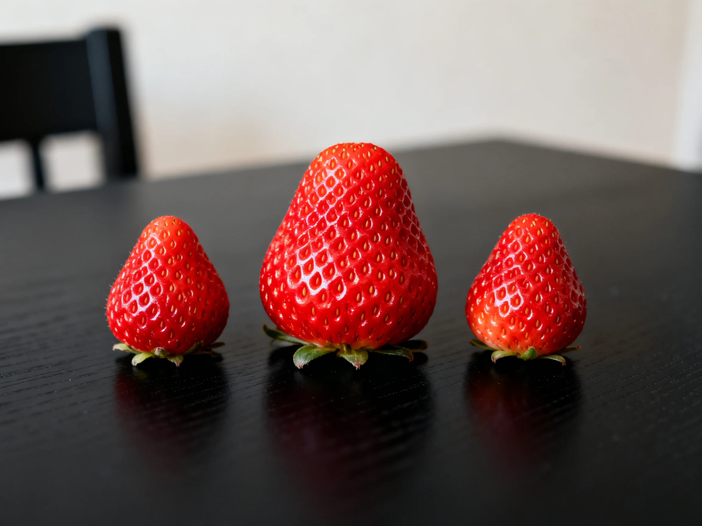 Three glossy red strawberries arranged on a sleek black table