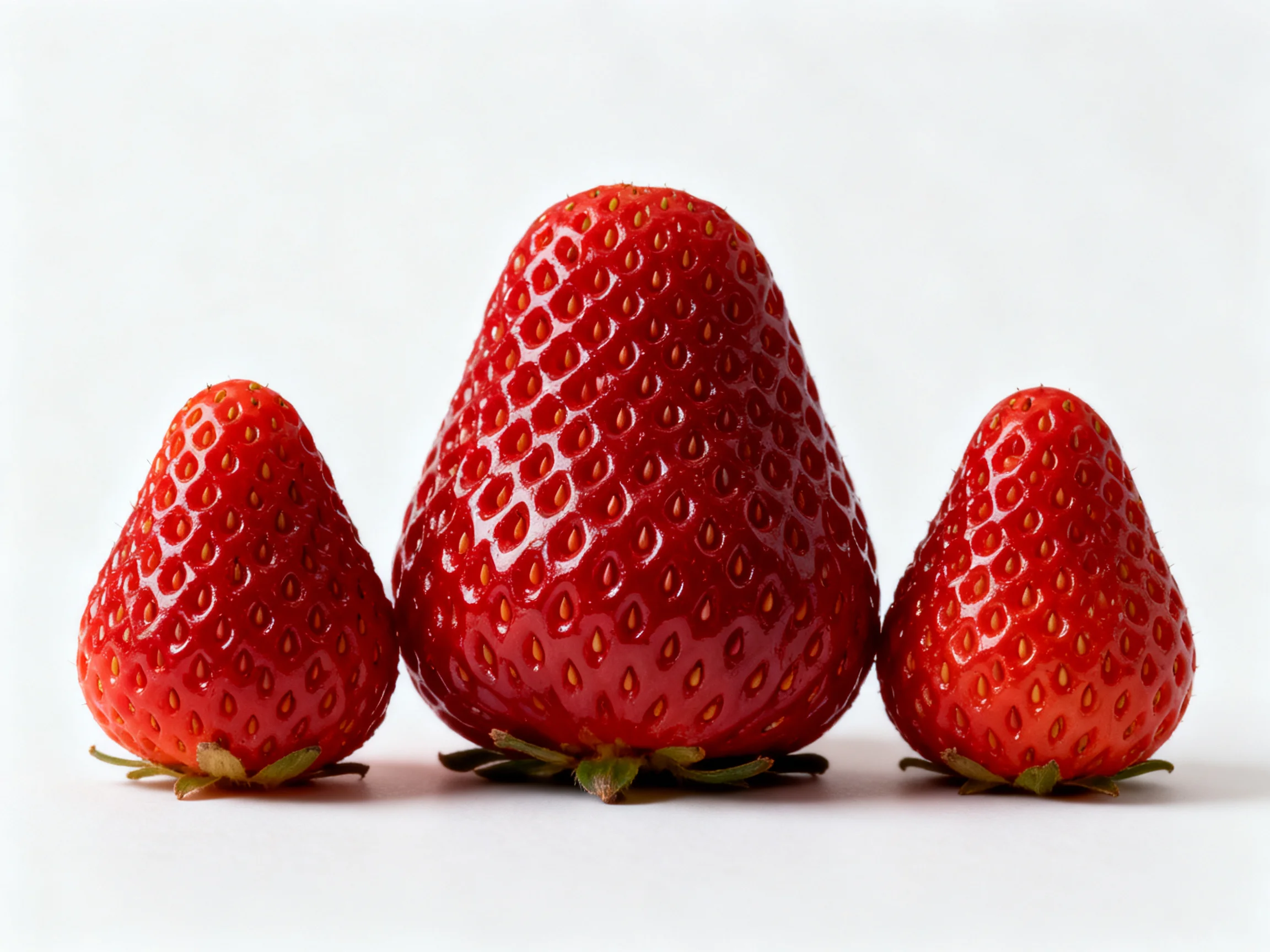Three glossy red strawberries arranged side by side