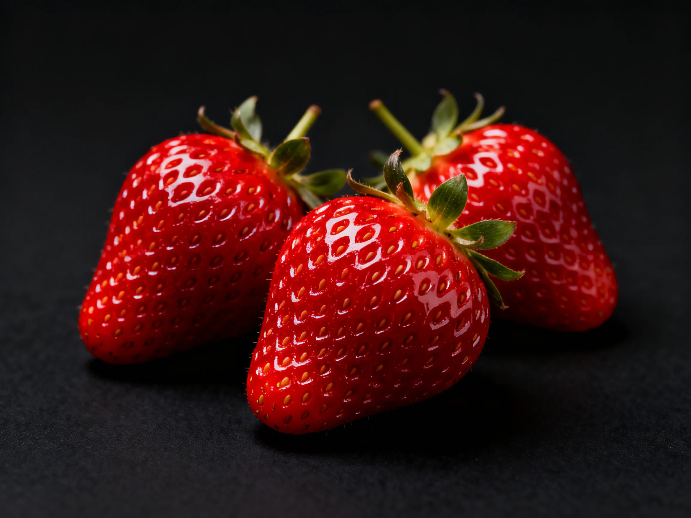 Three glossy red strawberries clustered on a dark surface