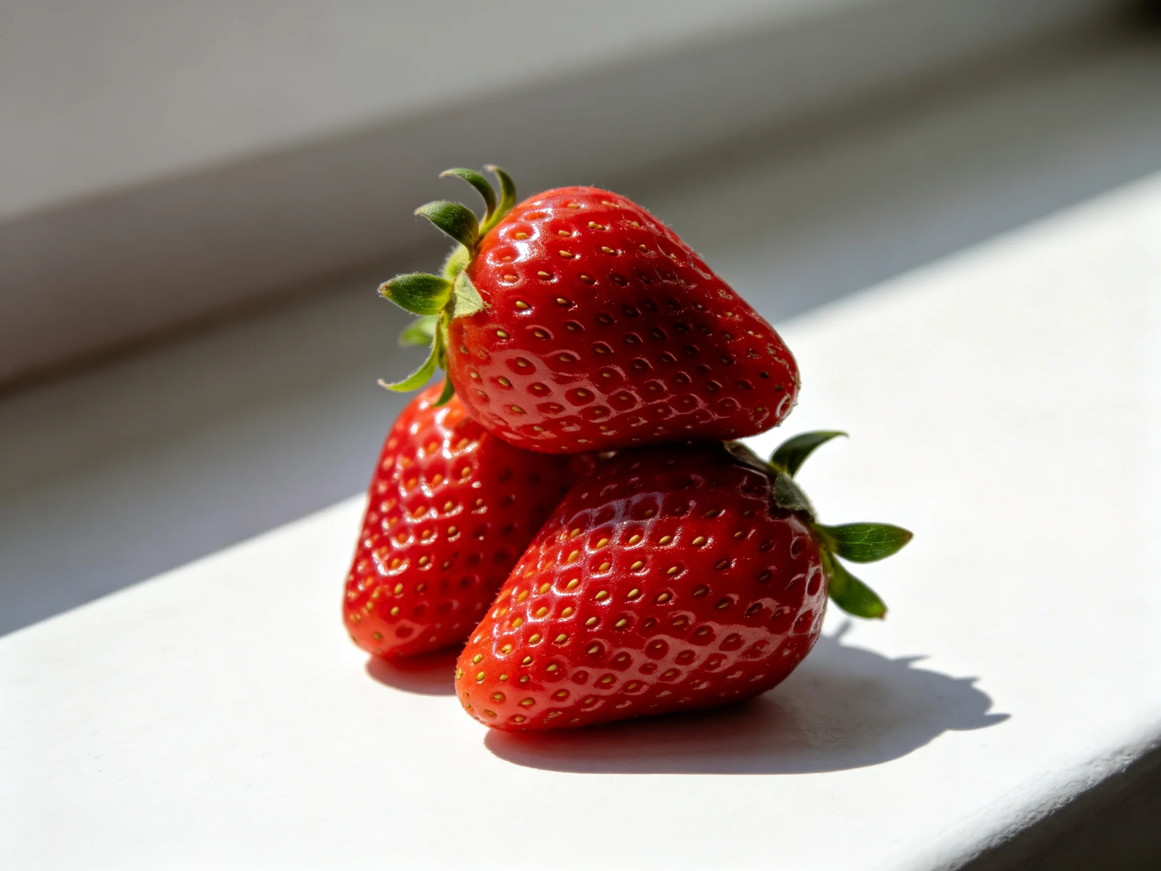 Three glossy red strawberries stacked on a white surface