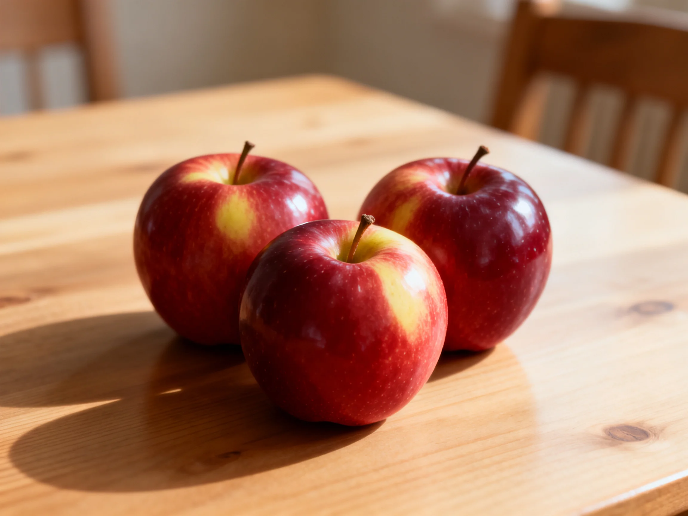 Three glossy red-yellow apples arranged on a polished wooden table