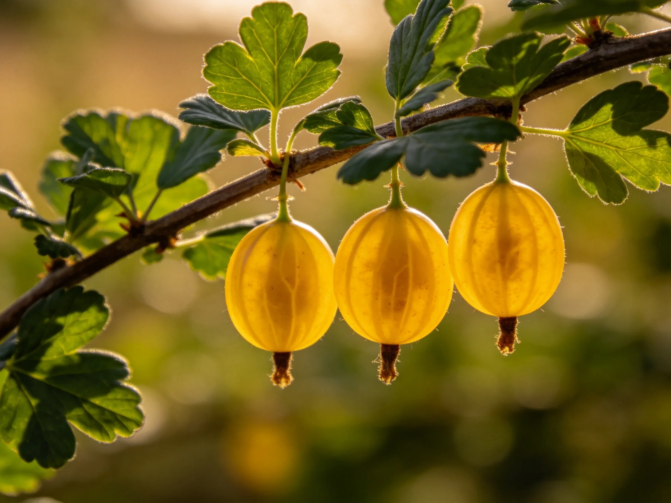 Three golden berries dangle from a branch with lush green leaves
