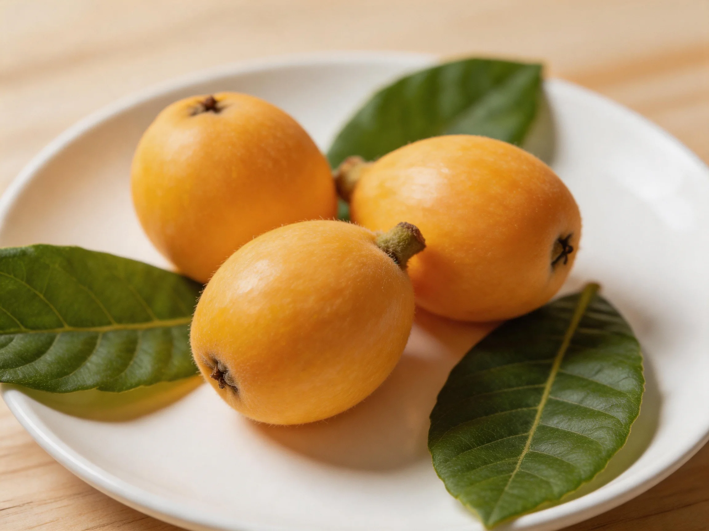 Three golden loquats displayed on a white plate with glossy green leaves