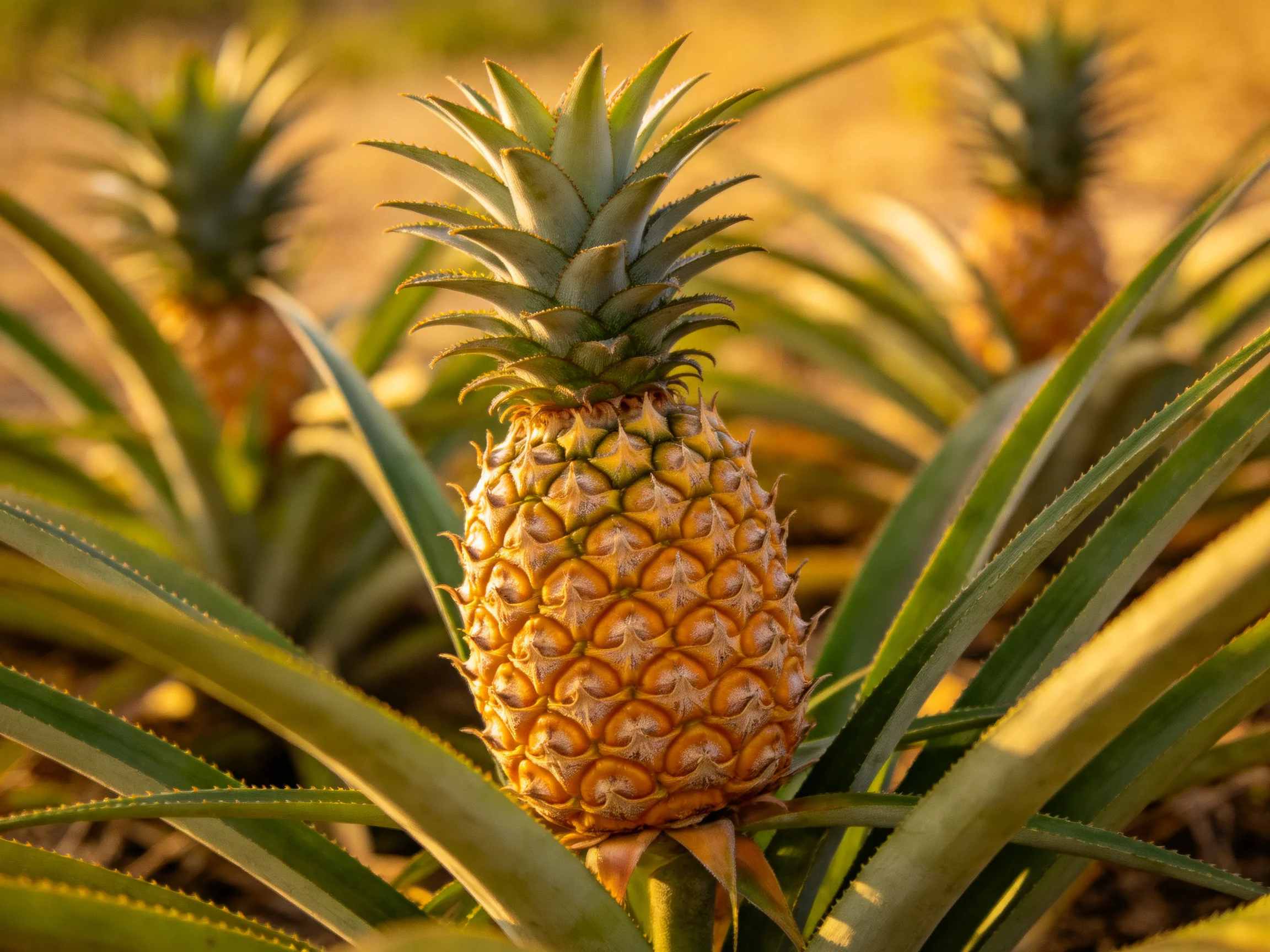 Three golden pineapples nestled among lush green foliage