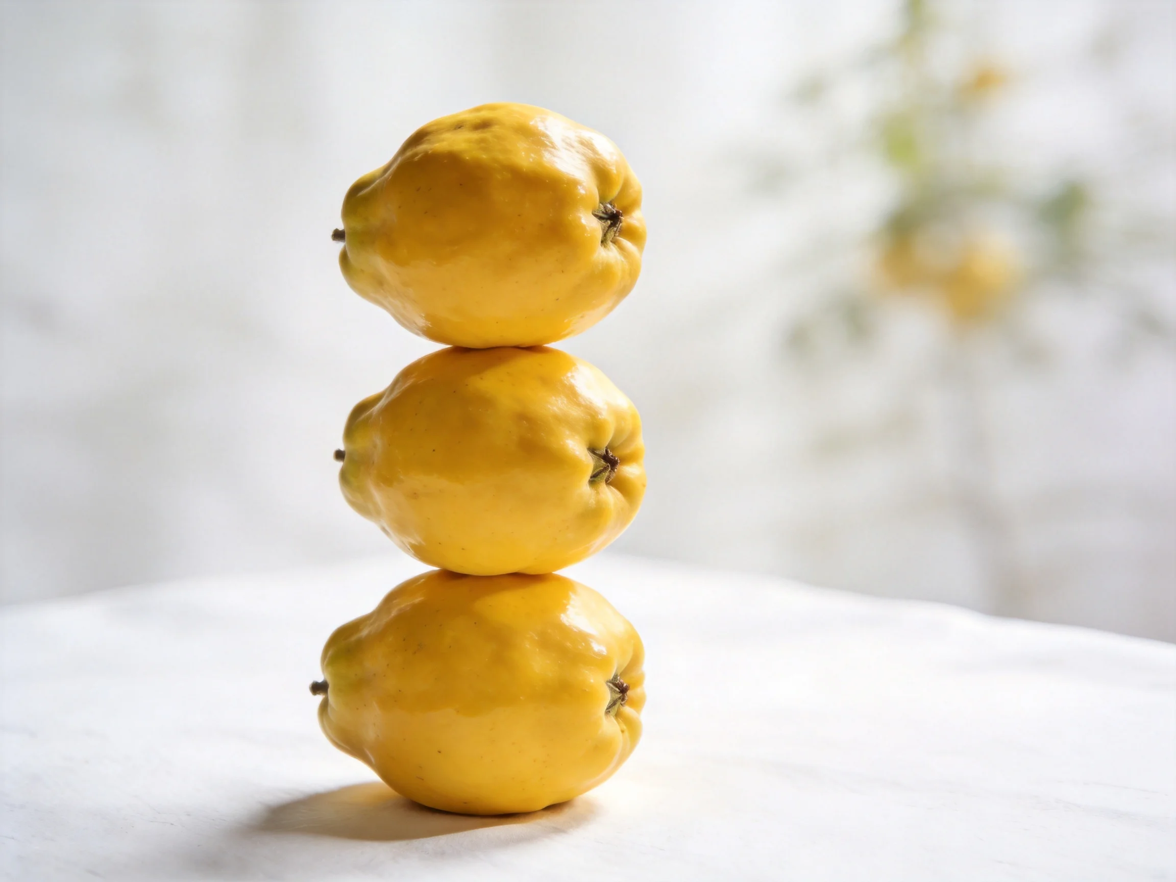 Three golden-yellow quinces are stacked vertically on a white surface.