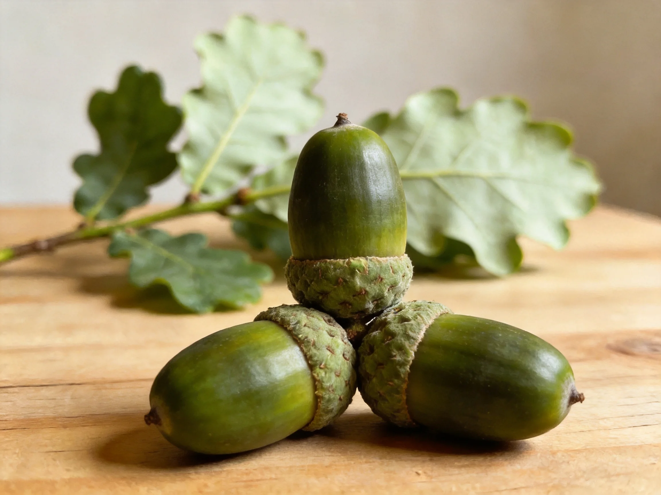 Three green acorns arranged on a wooden surface with oak leaves