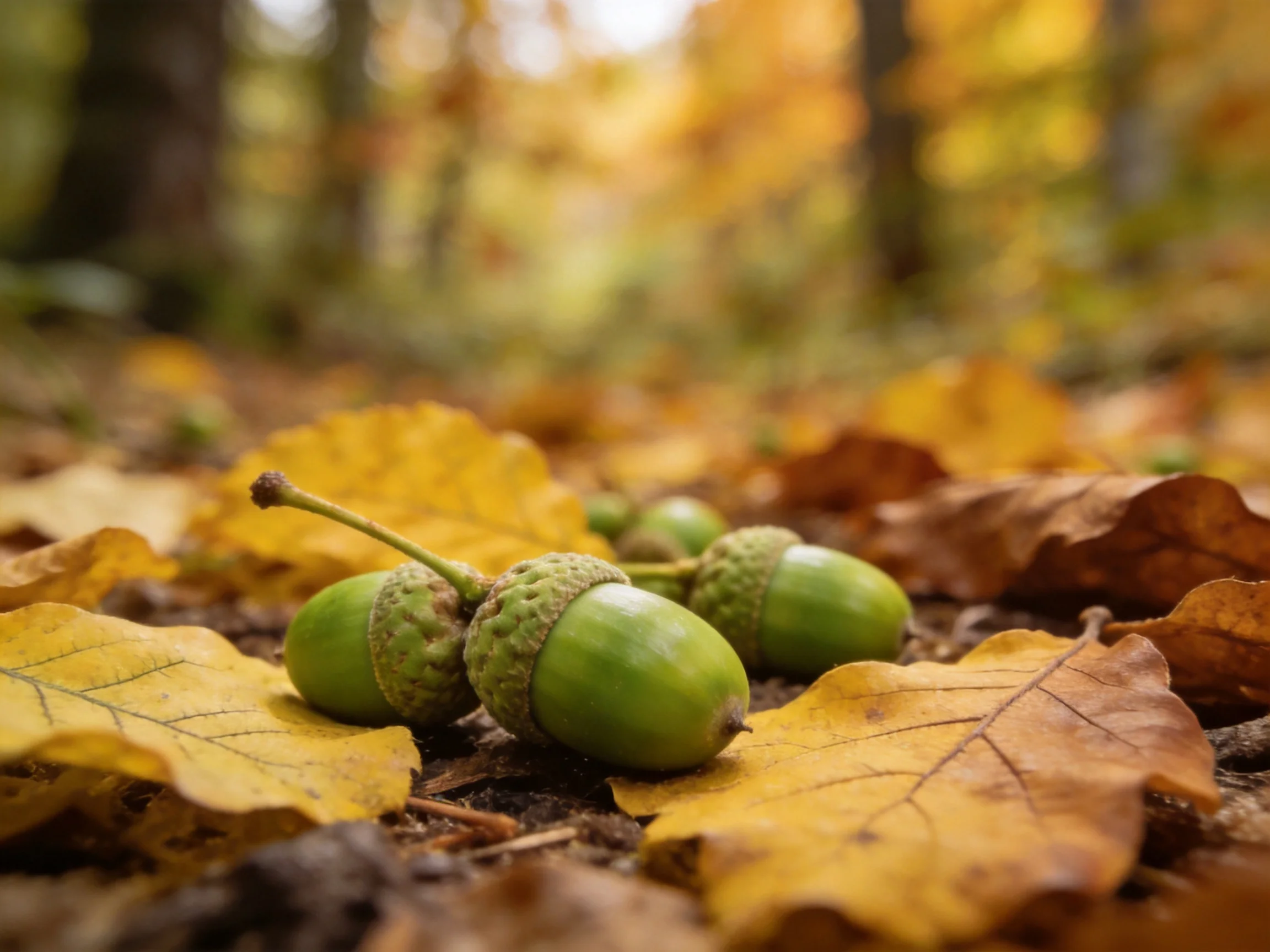 Three green acorns sit among golden-brown fallen leaves in a sunlit forest.