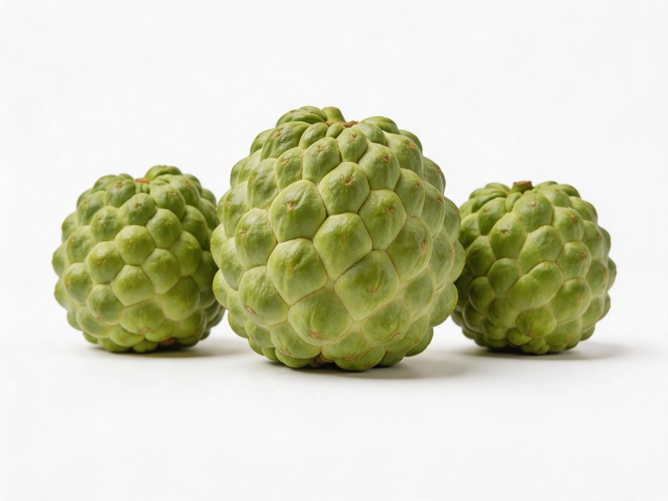 Three green custard apples with textured exteriors on a white backdrop