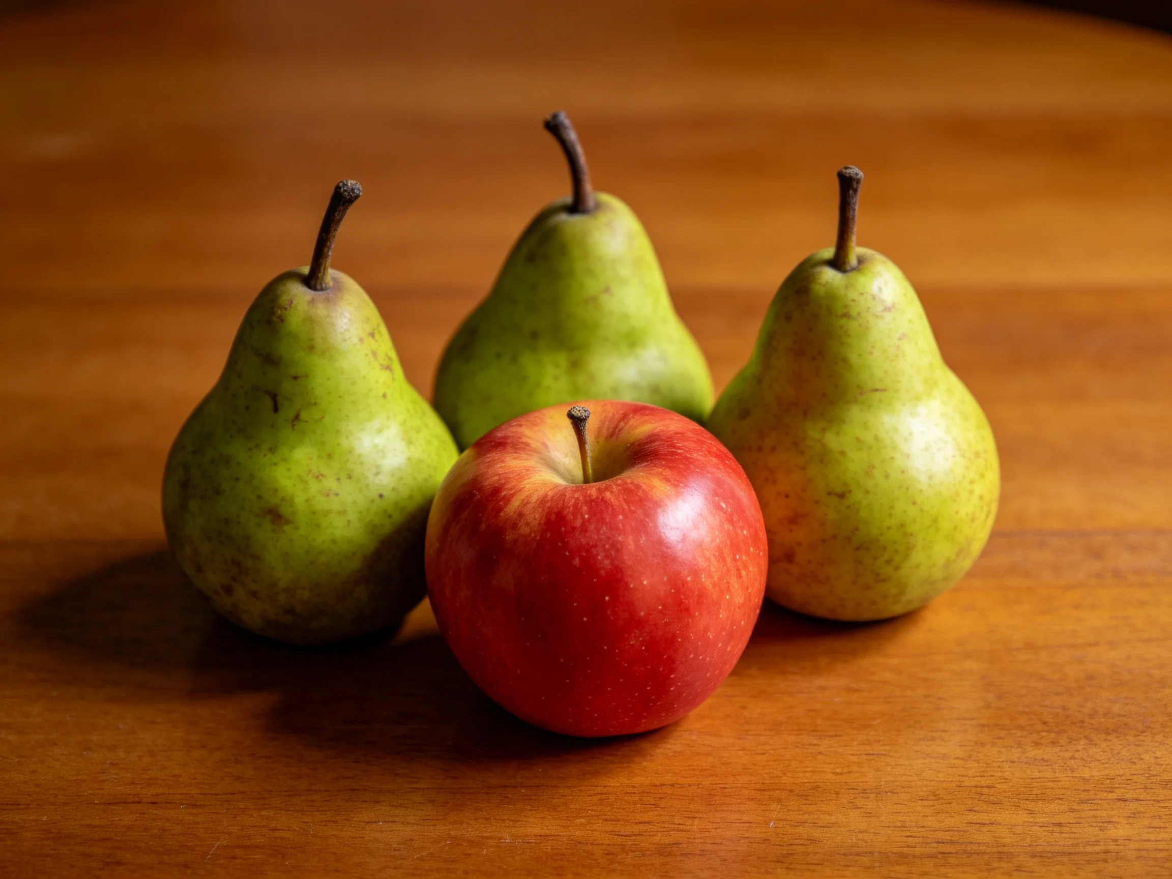 Three green pears and a red apple arranged on a polished wooden table