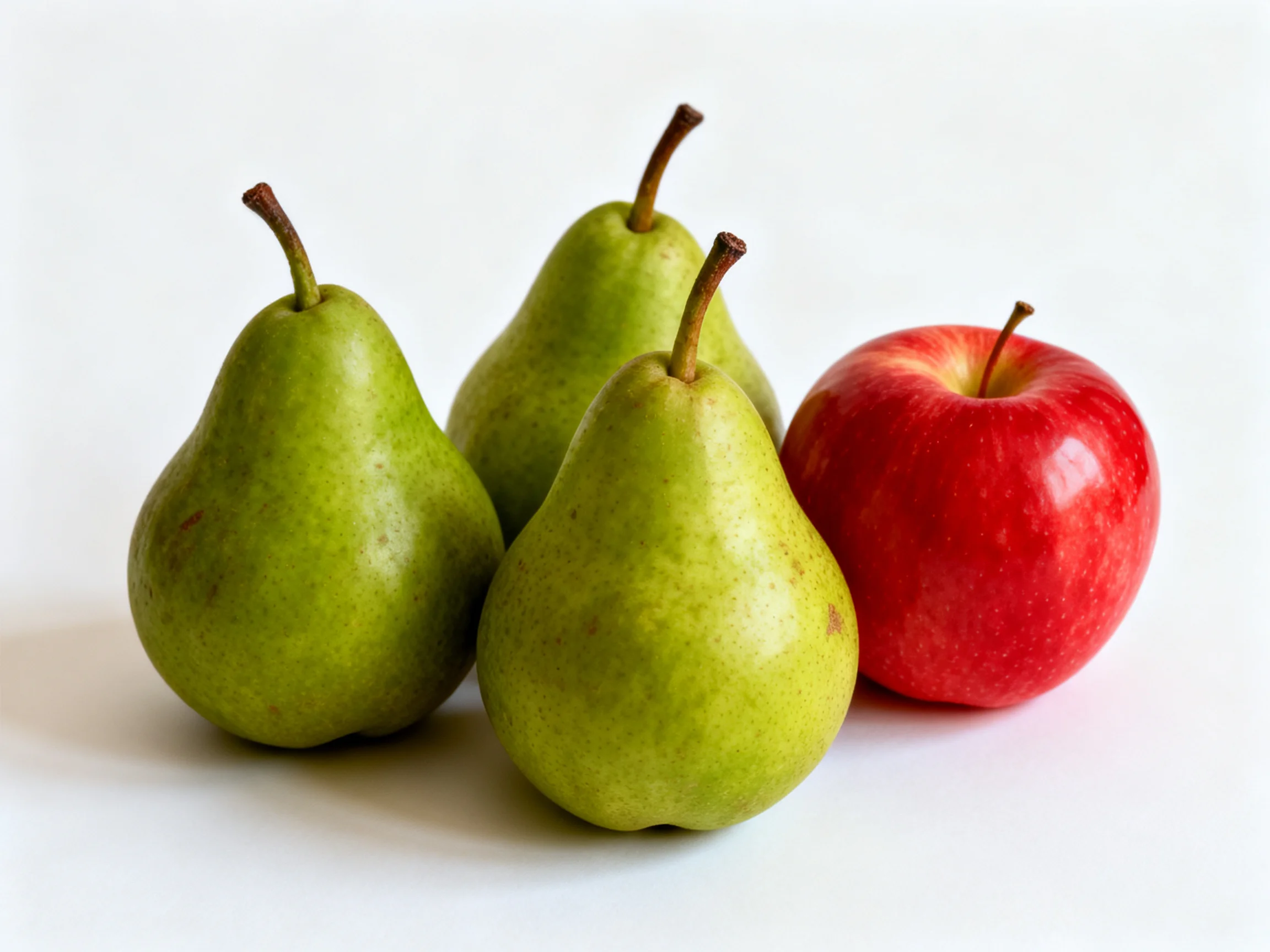 Three green pears and one red apple grouped on a white