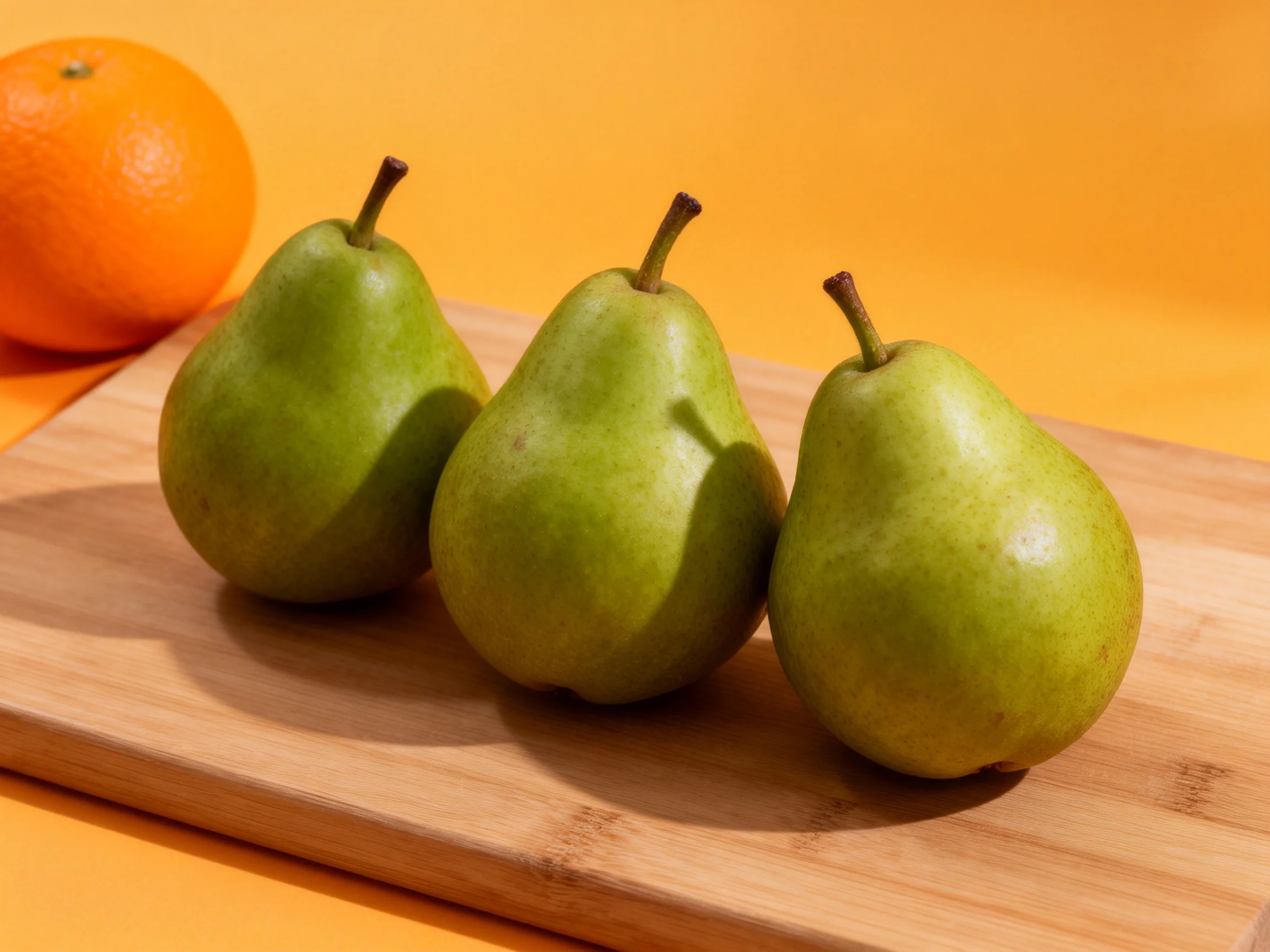 Three green pears on a bamboo cutting board beside an orange with a yellow background