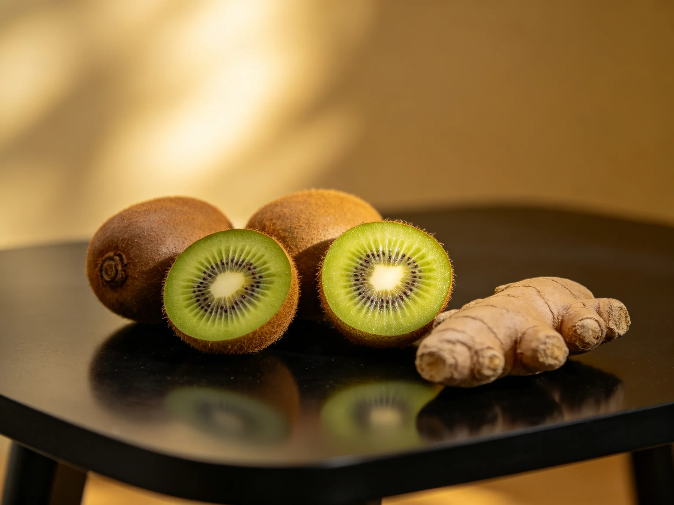 Three kiwis, two sliced, and ginger on a glossy black surface