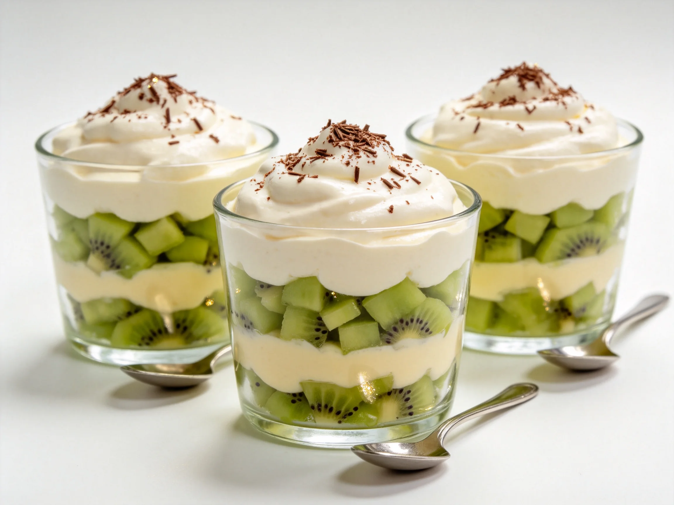 Three layered dessert cups with kiwi, cream, and chocolate toppings