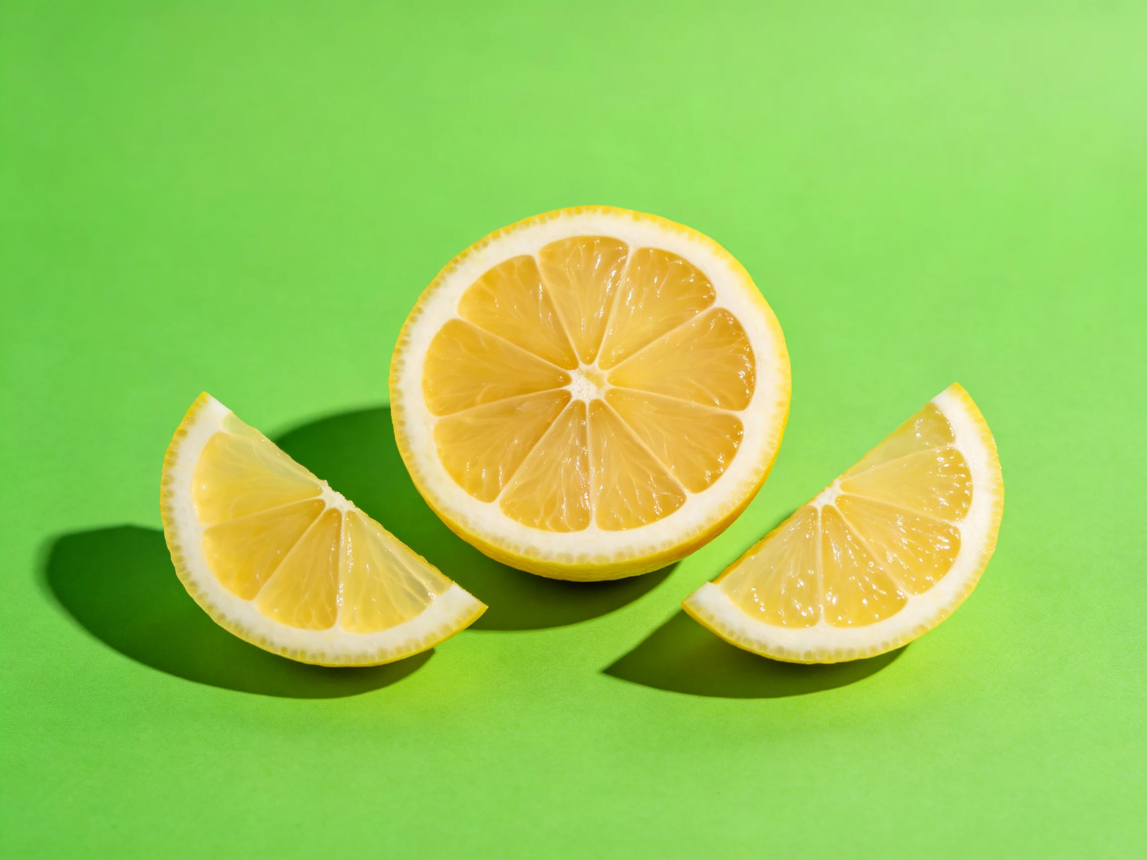Three lemon slices arranged on a bright green surface