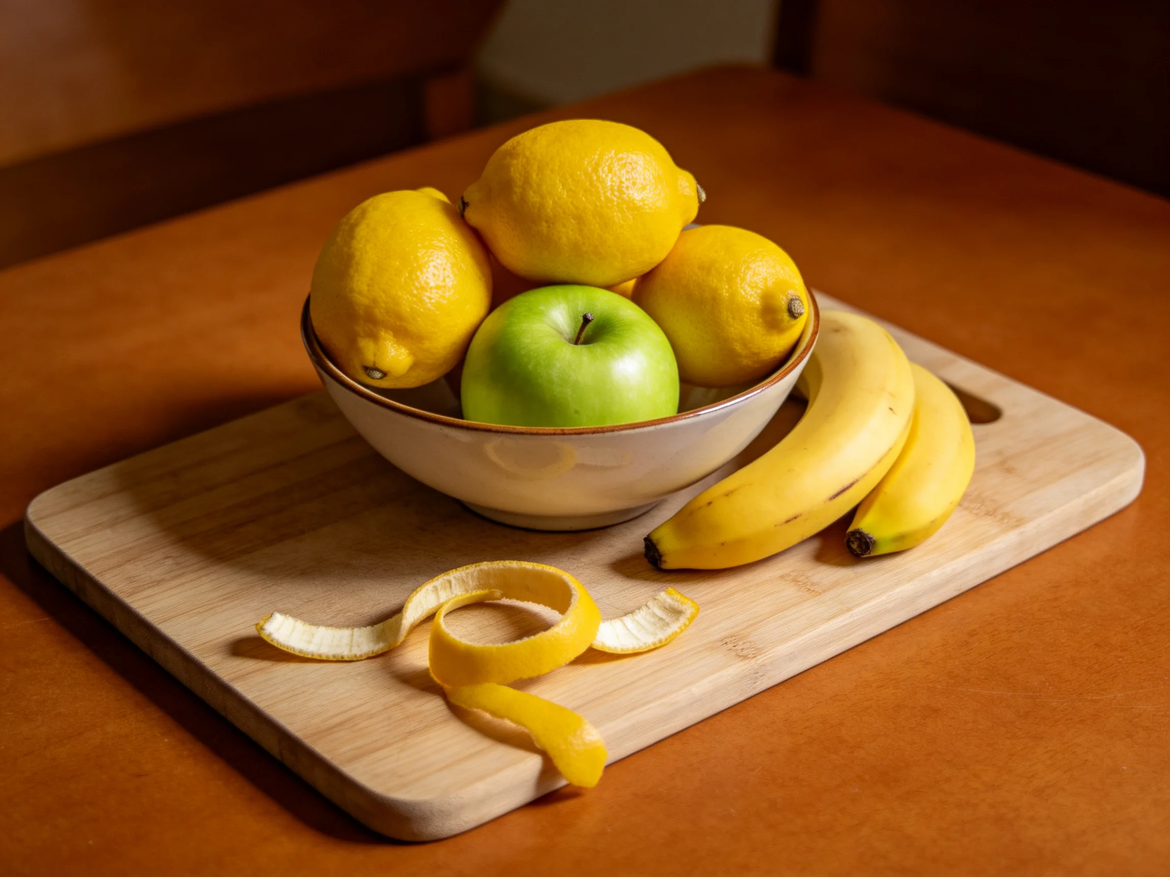 Three lemons, a green apple, two bananas, and an orange peel on a wooden cutting board