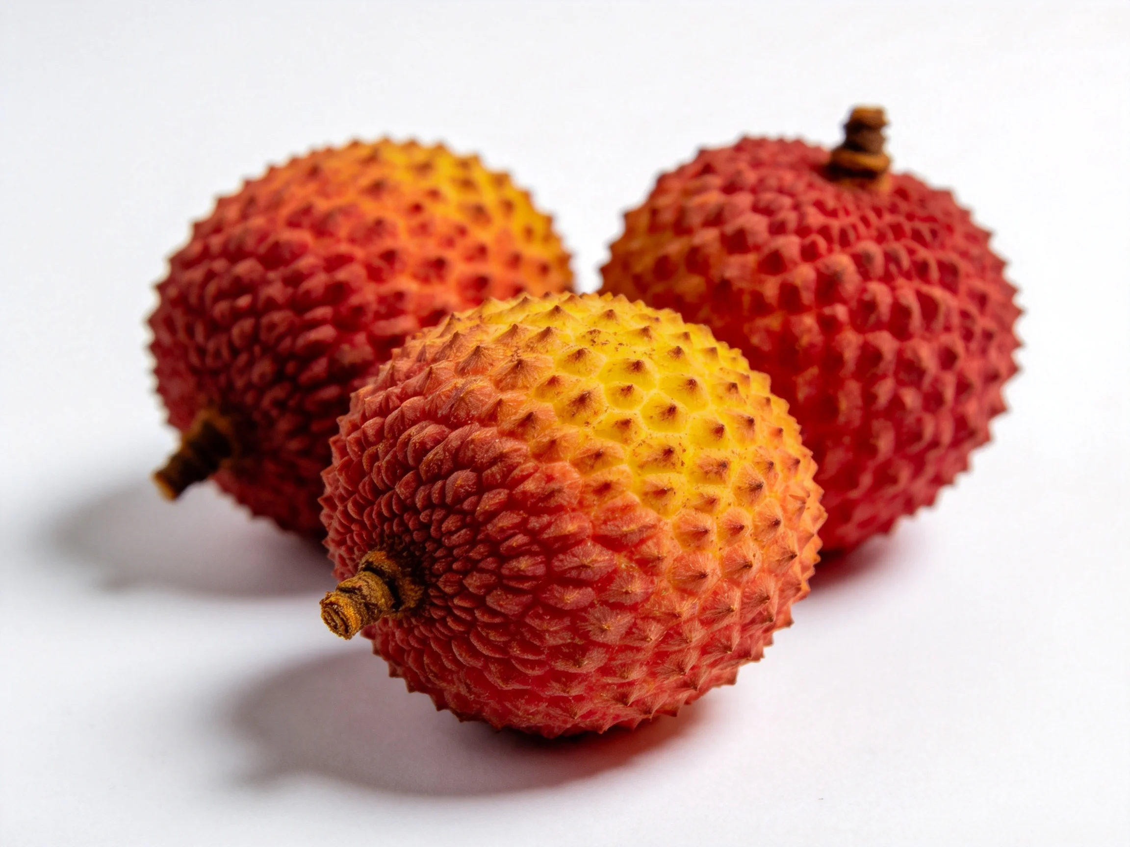 Three lychees with red and yellow textured exteriors on a white surface