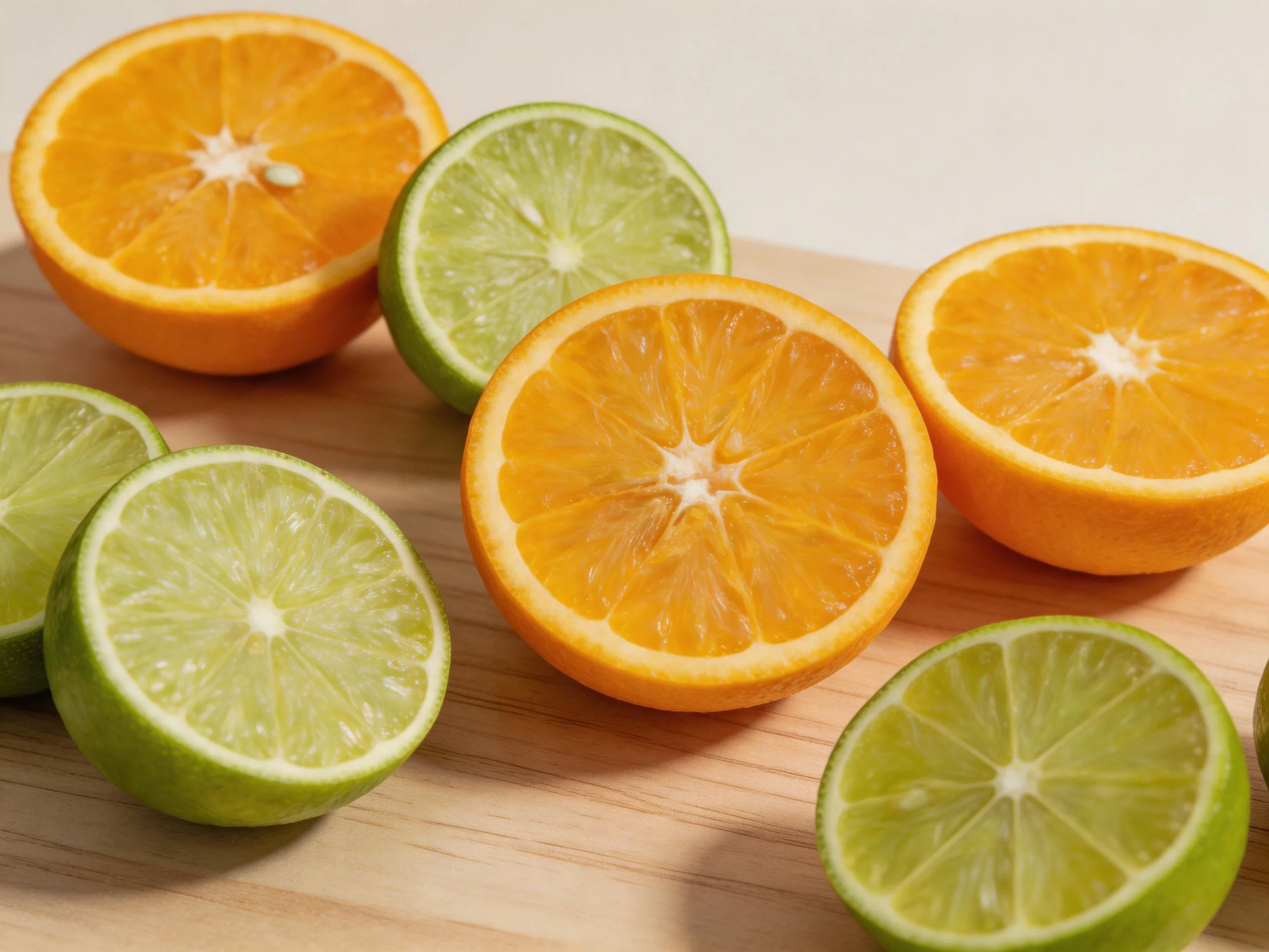 Three orange and two lime fruit slices arranged on a wooden board
