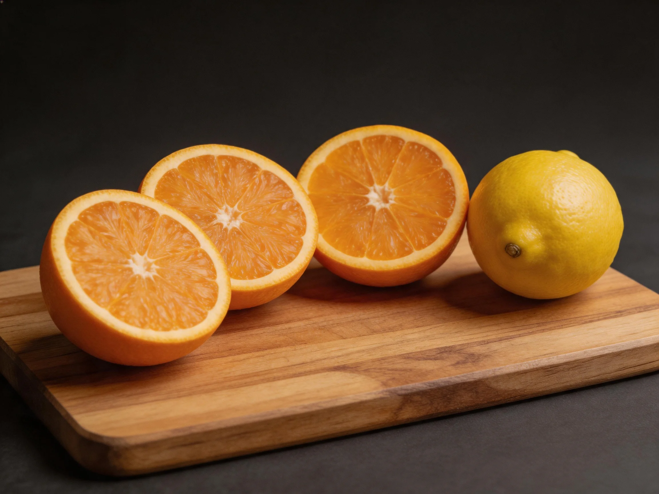 Three orange halves and one yellow lemon on a wooden cutting board