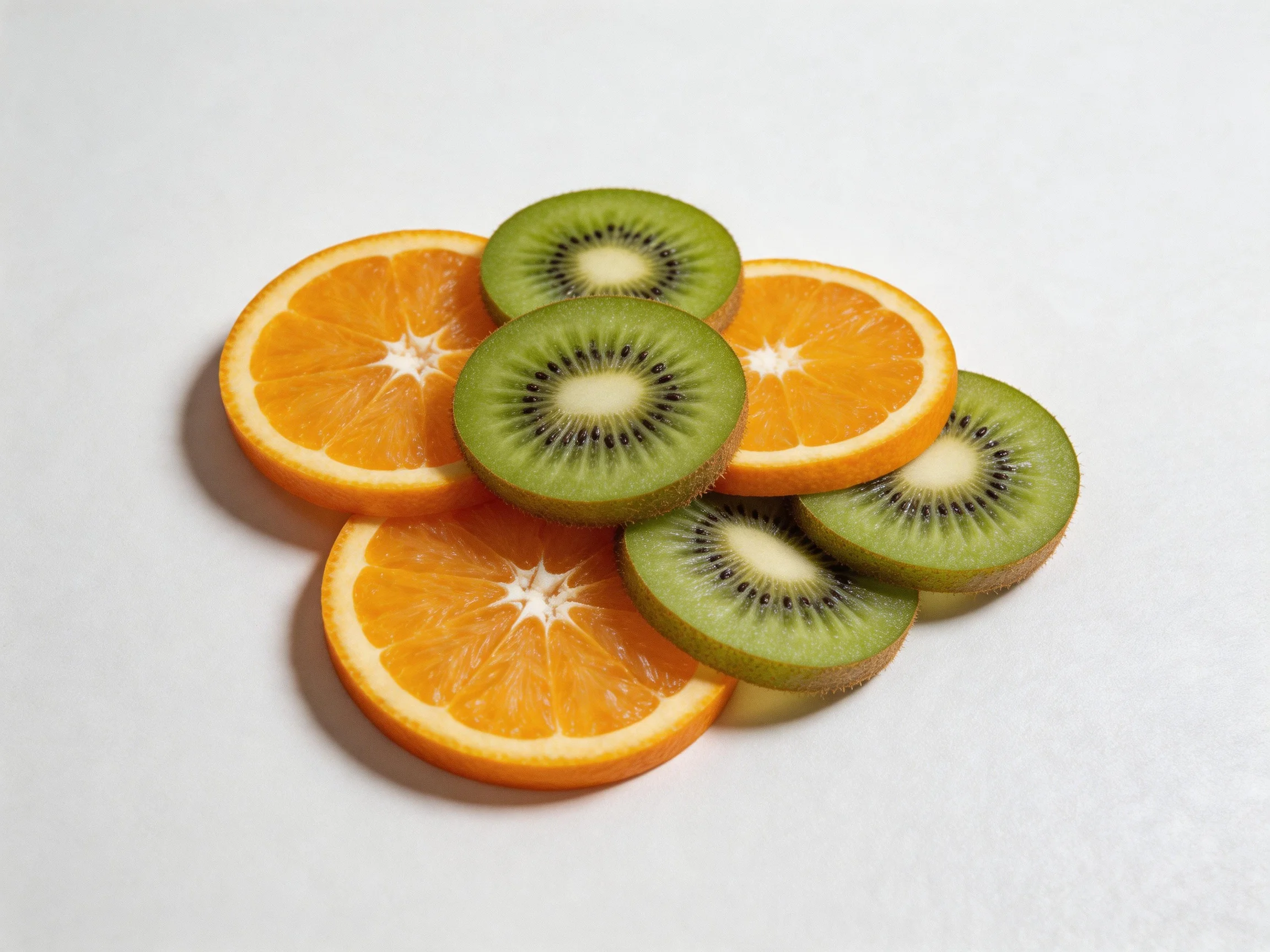 Three orange slices and four kiwi slices arranged on a plain white surface
