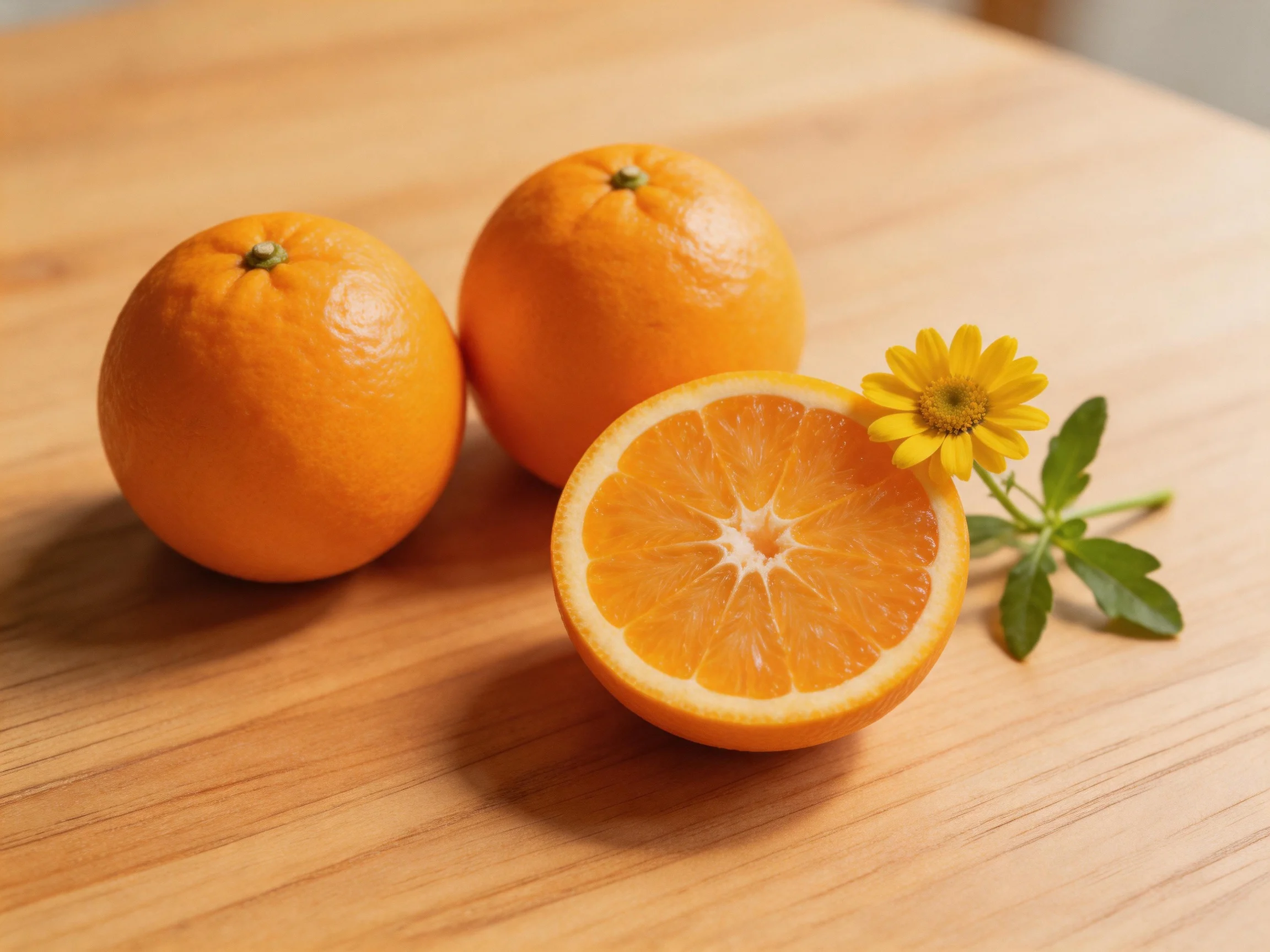 Three oranges, one halved, with a yellow flower on a wooden surface