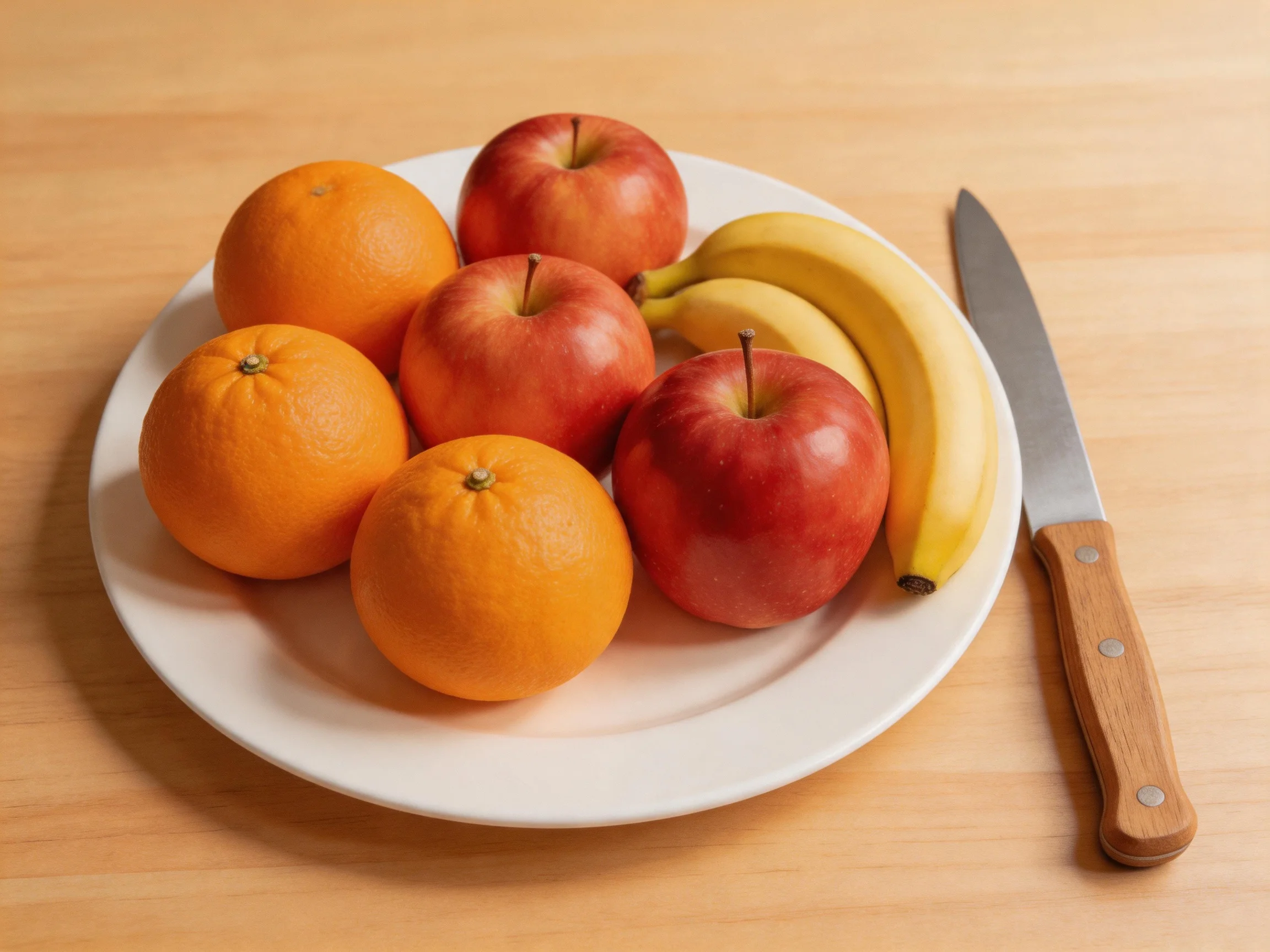 Three oranges, three apples, two bananas arranged on a white plate with a wooden-handled knife