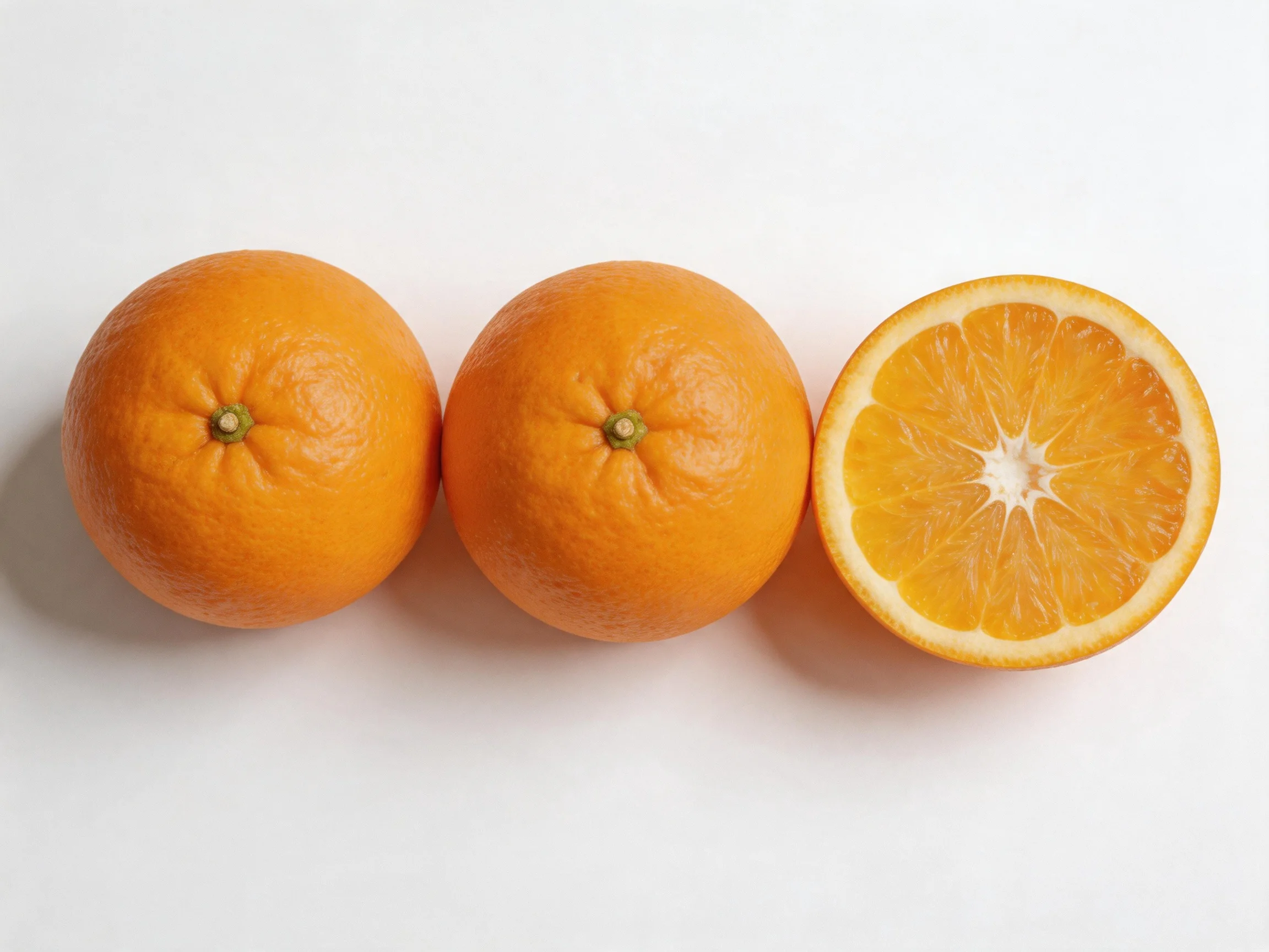Three oranges, two whole and one halved