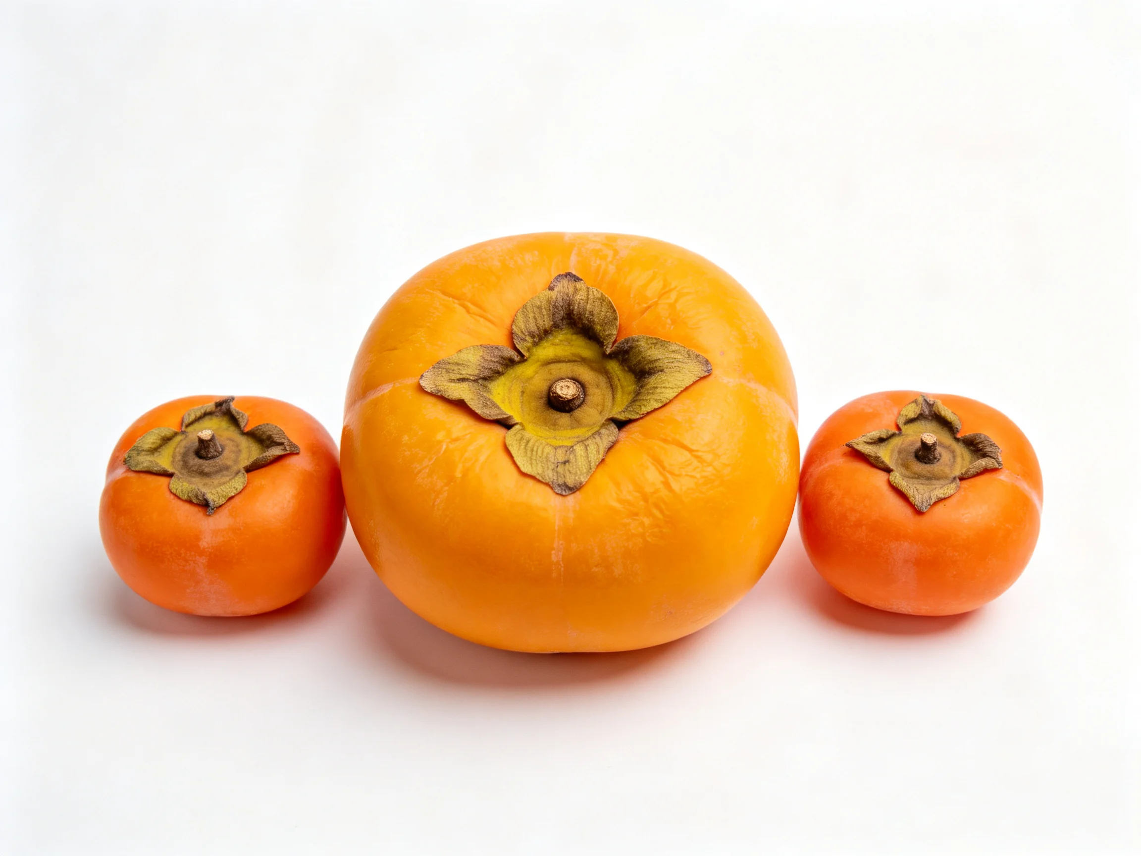 Three persimmons in orange hues, varied sizes, on white.