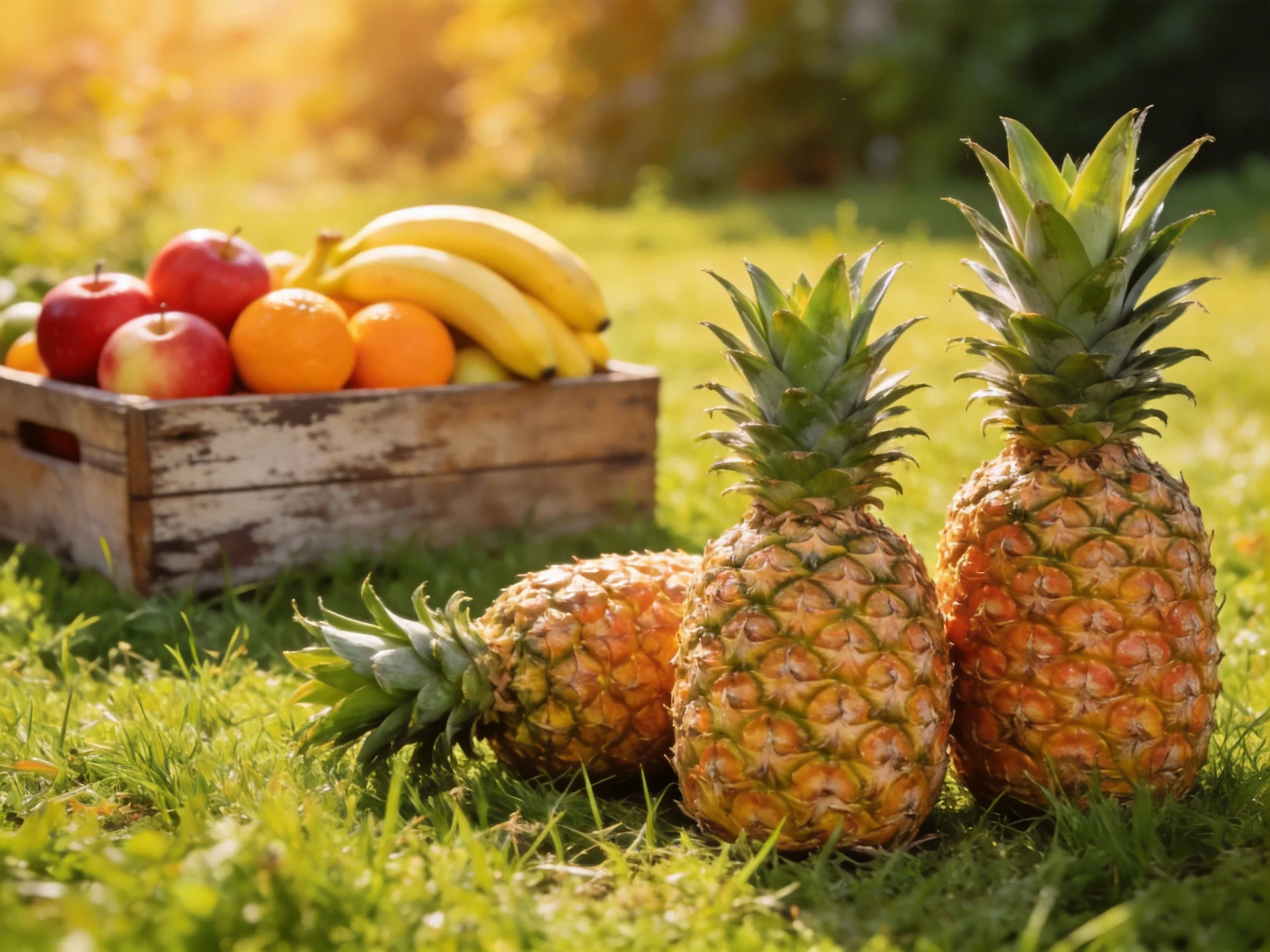 Three pineapples and a wooden crate of colorful fruits on grass