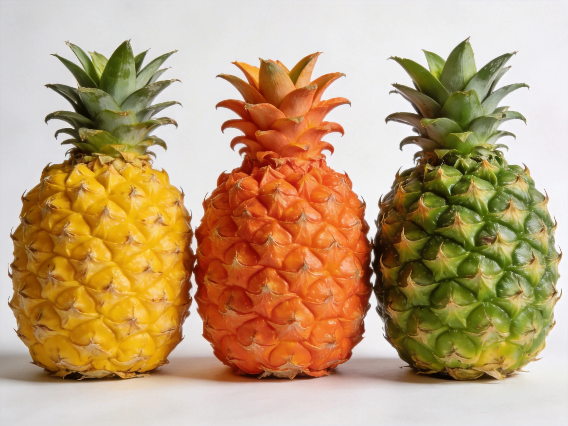 Three pineapples display varied colored exteriors