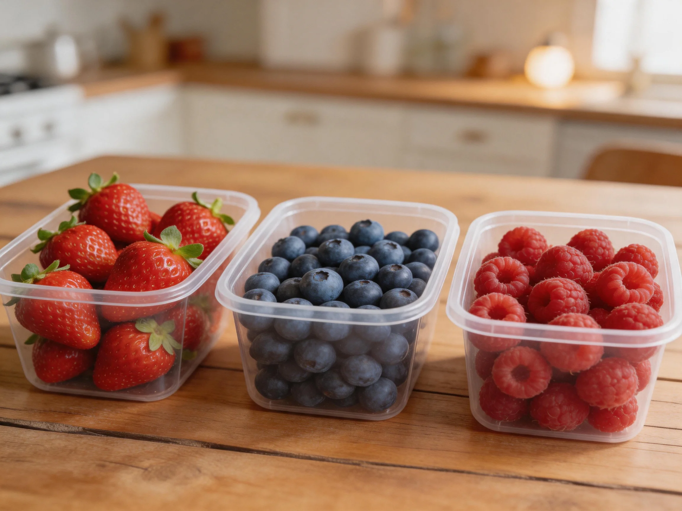 Three plastic containers display vibrant strawberries, blueberries, and raspberries.
