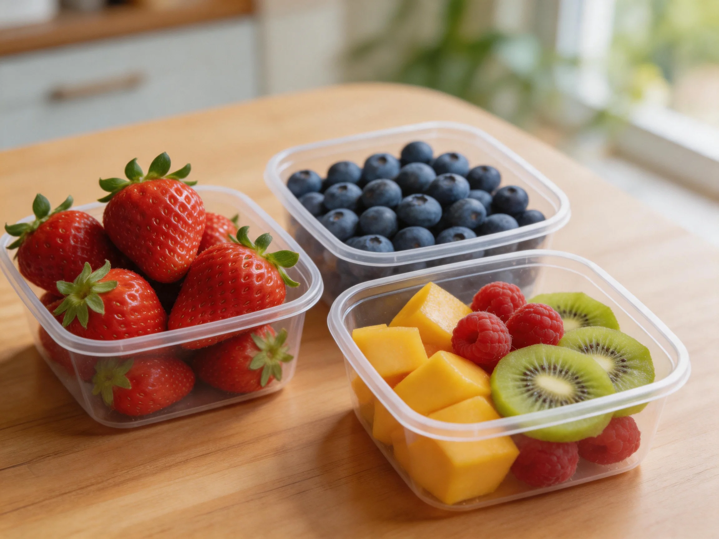 Three plastic containers hold vibrant strawberries, blueberries, and mixed fruit