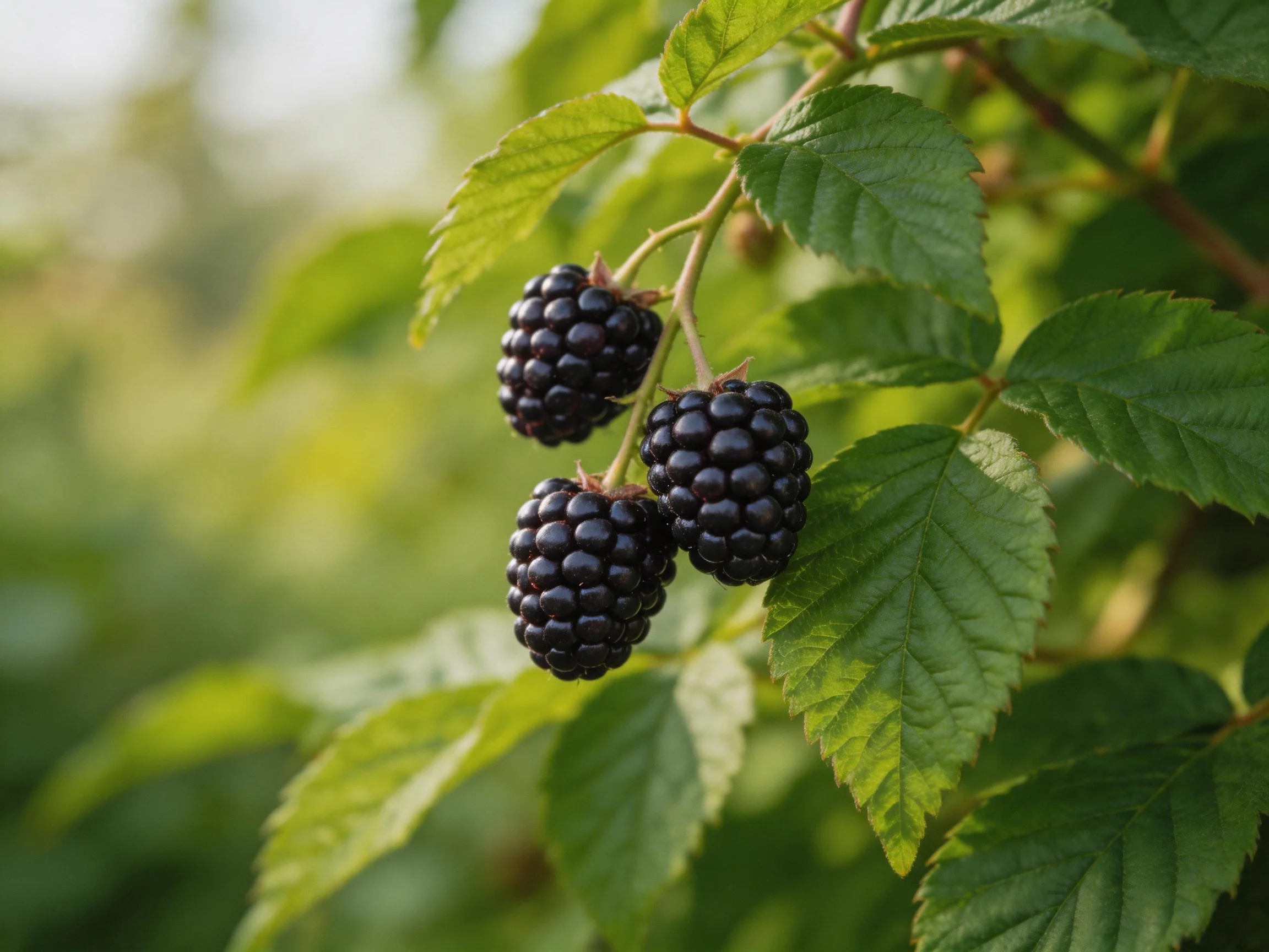 Three plump dark berries hang amid vibrant green foliage